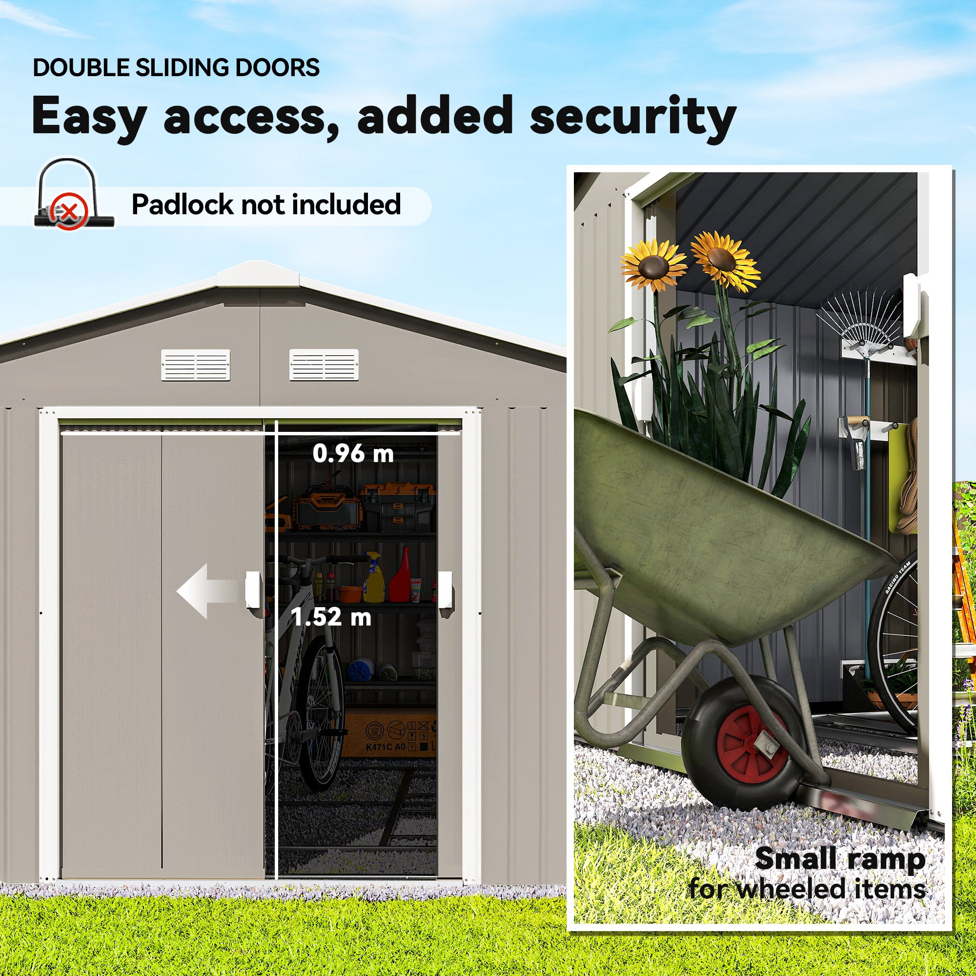 Garden Metal Shed, Storage Shed Utility Storage with Double Locking Doors for Bike, Yard Tools, Light Gray - Light Gray - Image 5