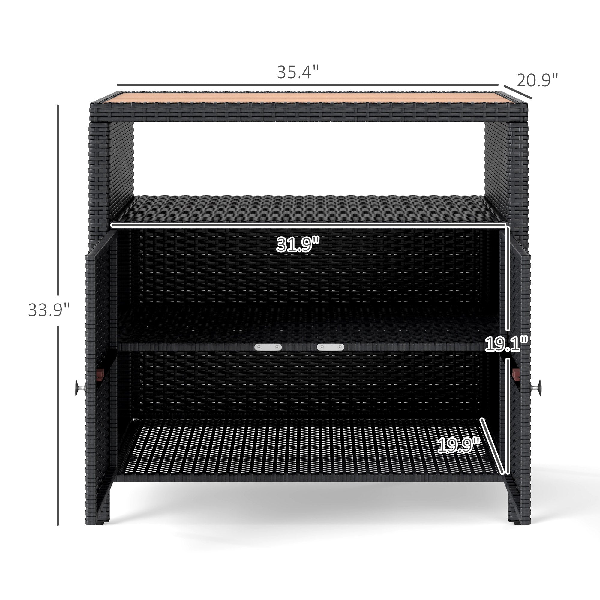 Outdoor Storage Cabinet with Acacia Wood Top, Two Doors, Shelf, Wicker Bar Table for Pool Towel Storage, Black - Black - Image 3