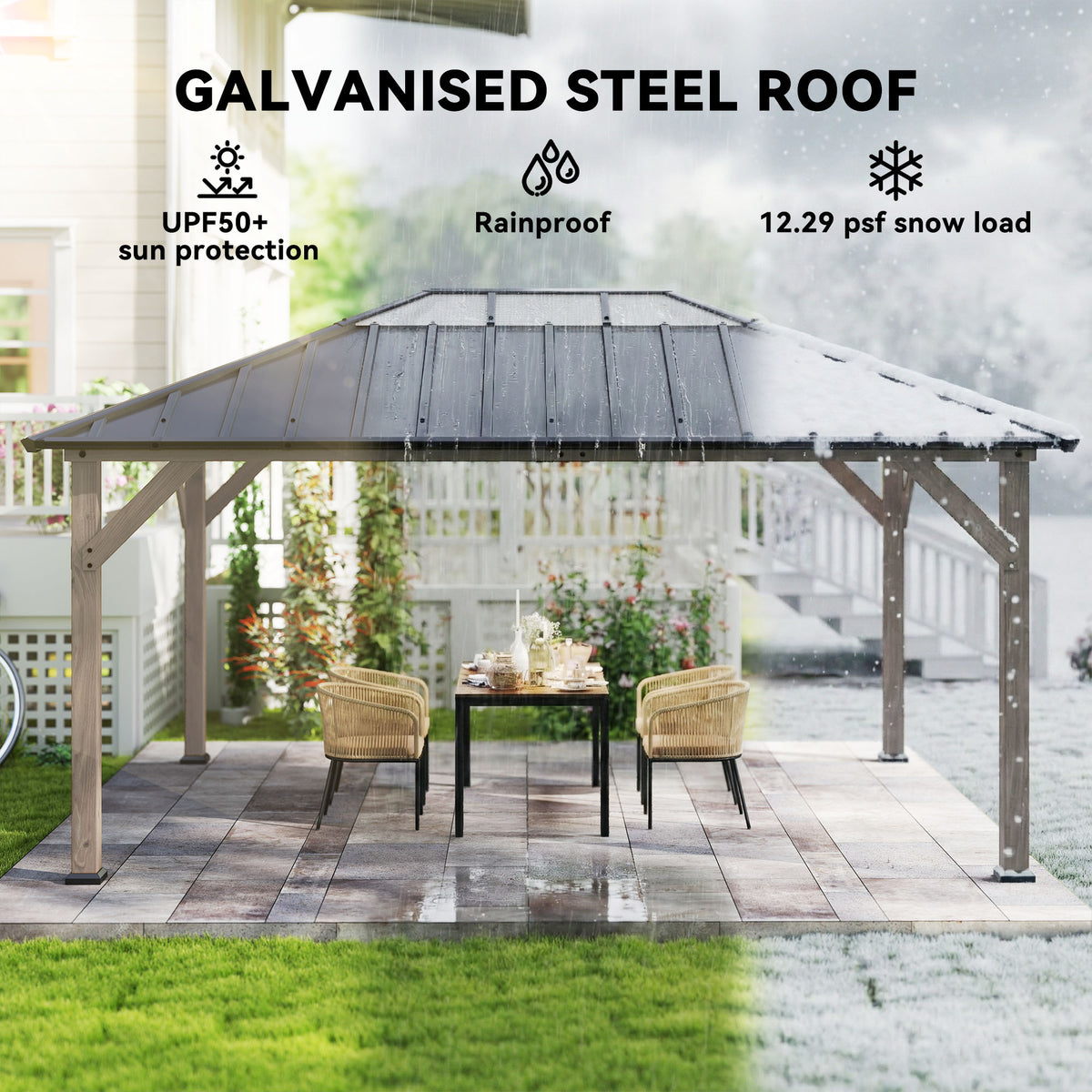 12' x 16' Hardtop Gazebo with Galvanized Steel Roof, UPF50+ Wood Permanent Pavilion with Clear Roof Top, Light Walnut