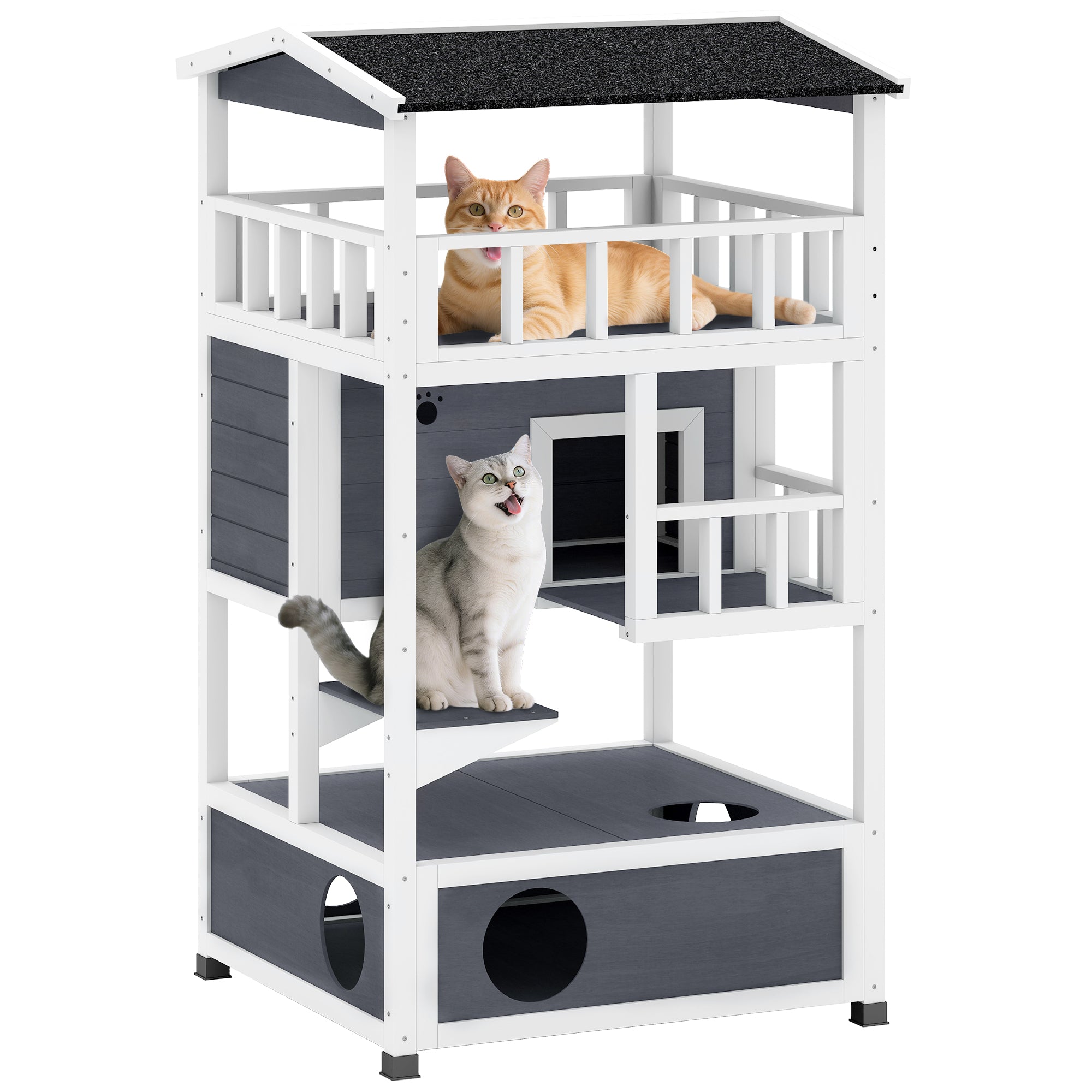 Wooden Outdoor Cat House, Feral Cat Shelter Kitten Condo with Asphalt Roof, Escape Doors, Condo, Jumping Platform, Gray - Grey