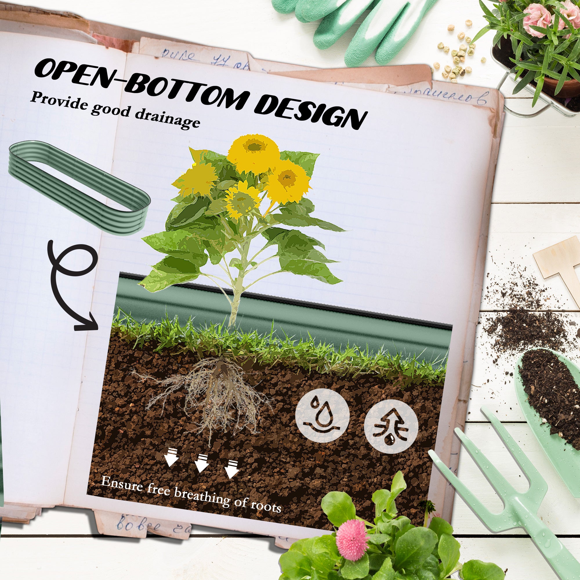 6.4' x 2' x 1' Galvanized Raised Garden Bed Kit, Metal Planter Box with Safety Edging, Green - Green - Image 5