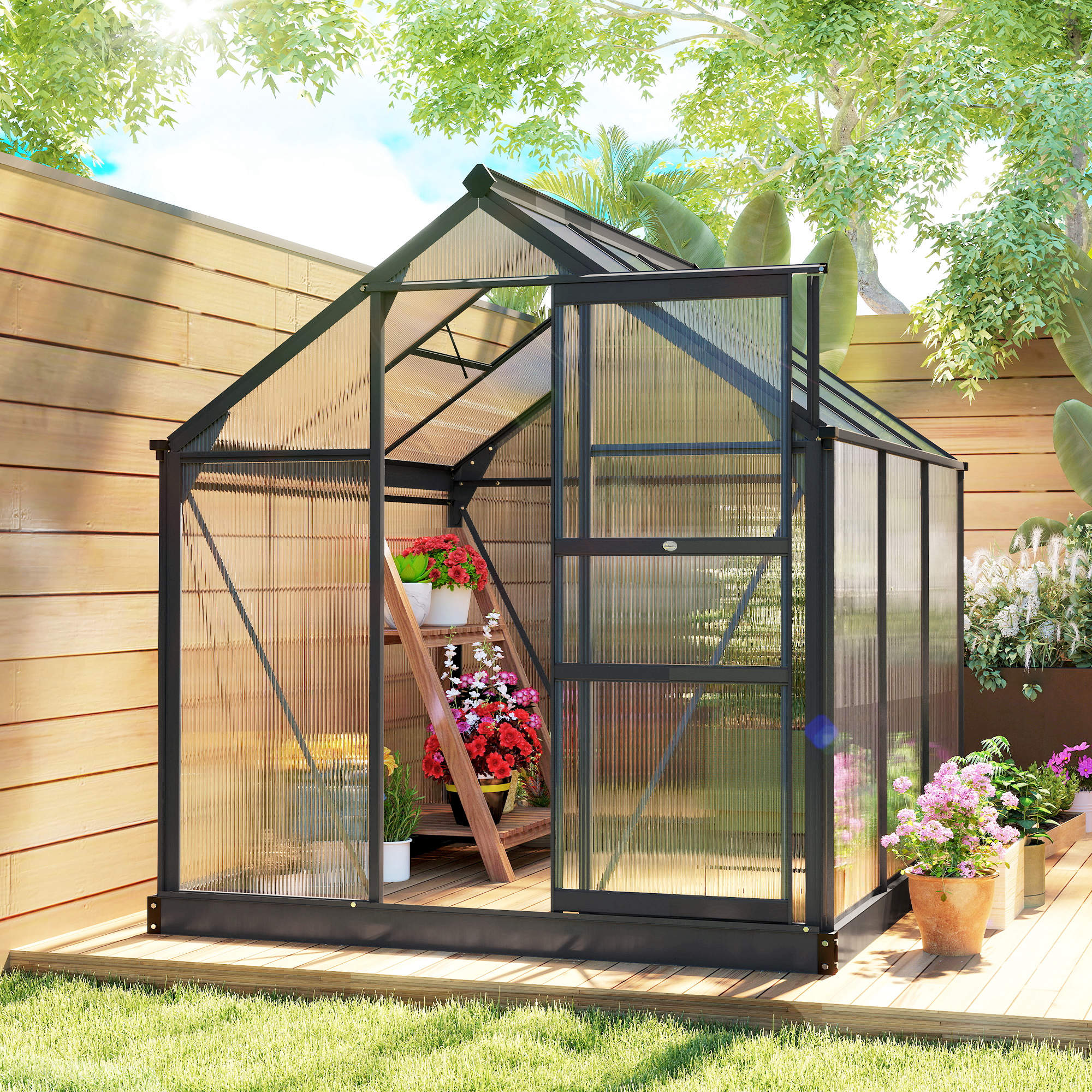 Polycarbonate Greenhouse, Heavy Duty Outdoor Aluminum Walk-in Green House Kit Vent Door, 6.2'x6.2'x6.6' Gray - Gray - Image 2