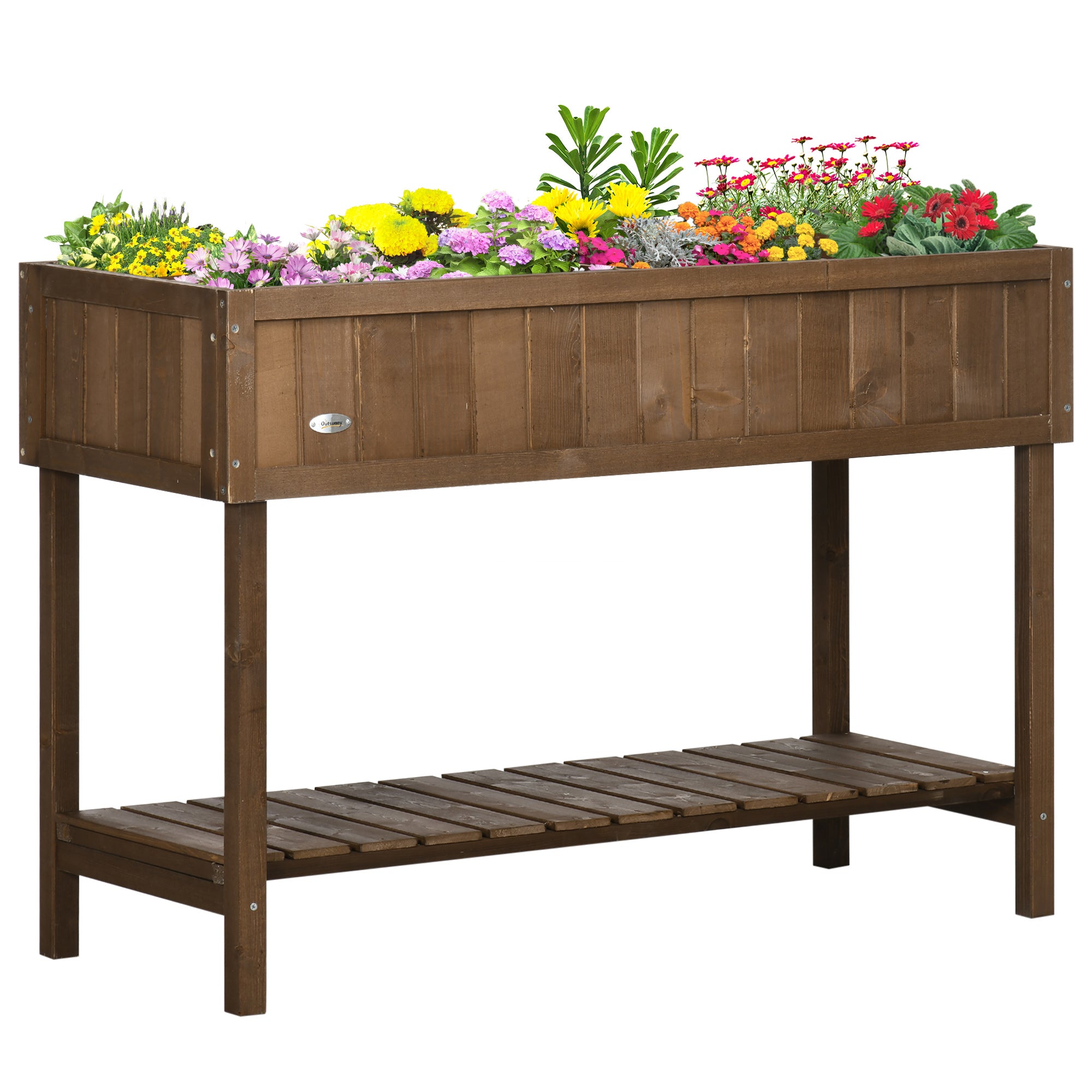 Wooden Raised Garden Bed, Elevated Planter Box Stand with 8 Slots and Open Shelf, Dark Brown - Brown