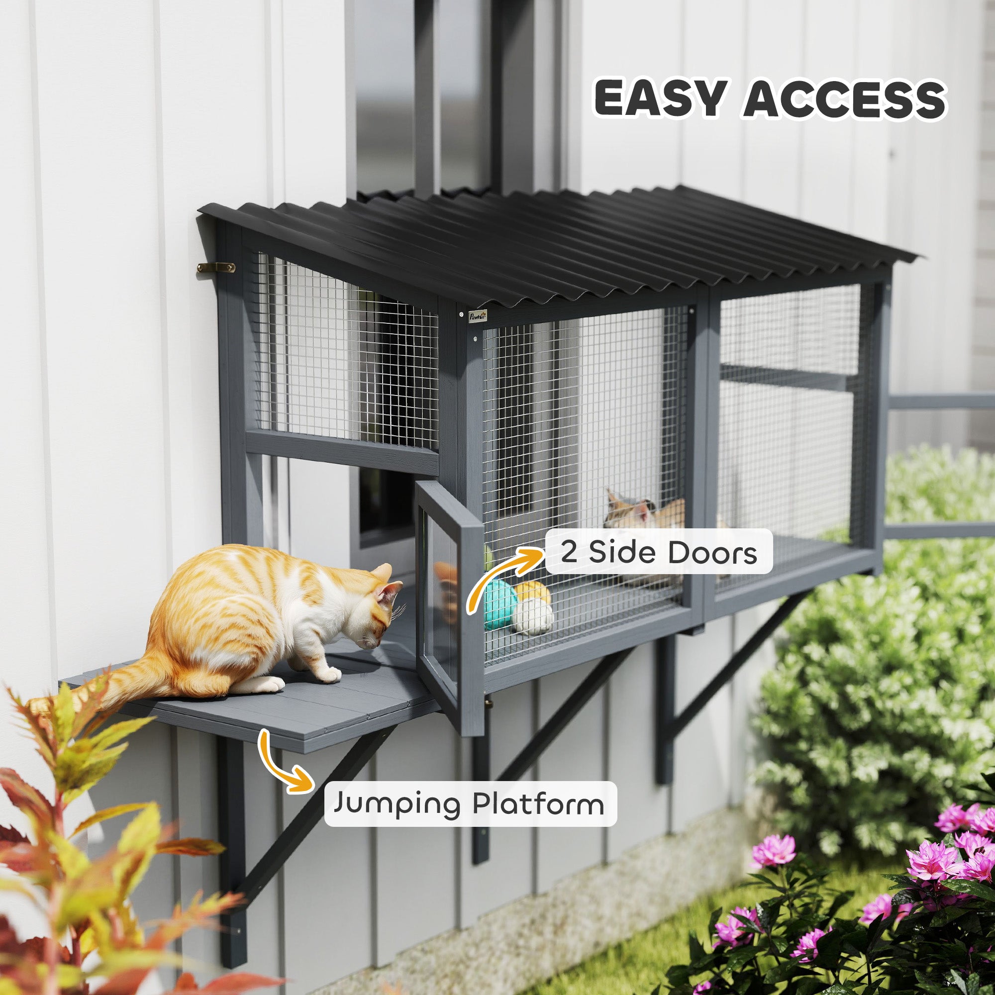 Wooden Cat Catio, Outdoor Cat Enclosure Window Perch with Jumping Platform, for Safely Enjoying Outdoor Sights, Gray - Gray - Image 7