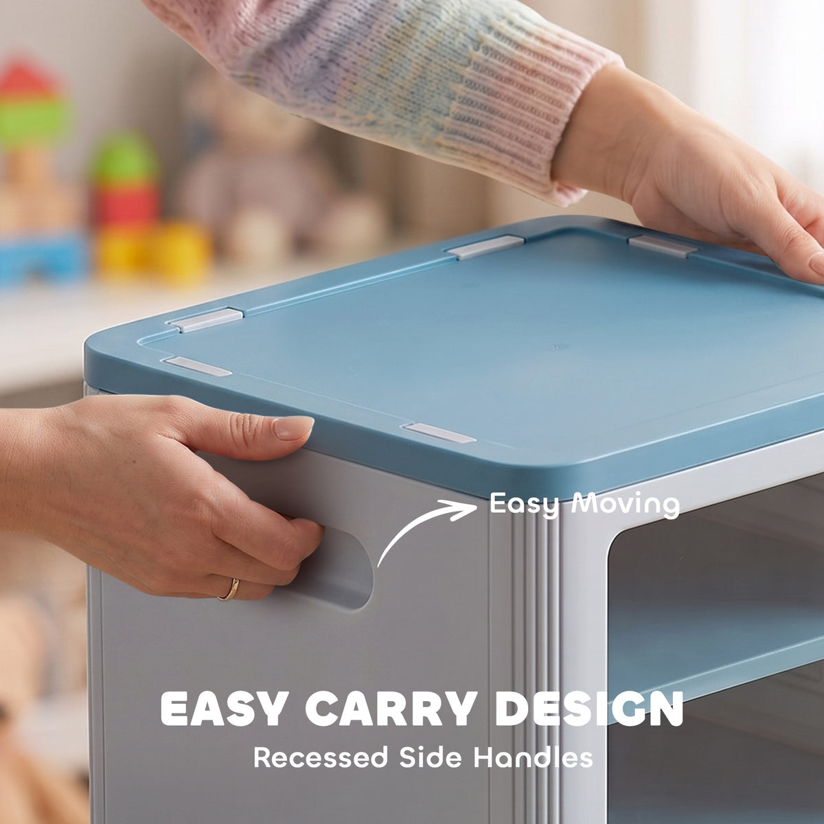 Toy Storage Organizer, 3 Tier Adjustable Toy Storage Cabinet Dustproof HDPE Plastic, Transparent Door, Light Blue