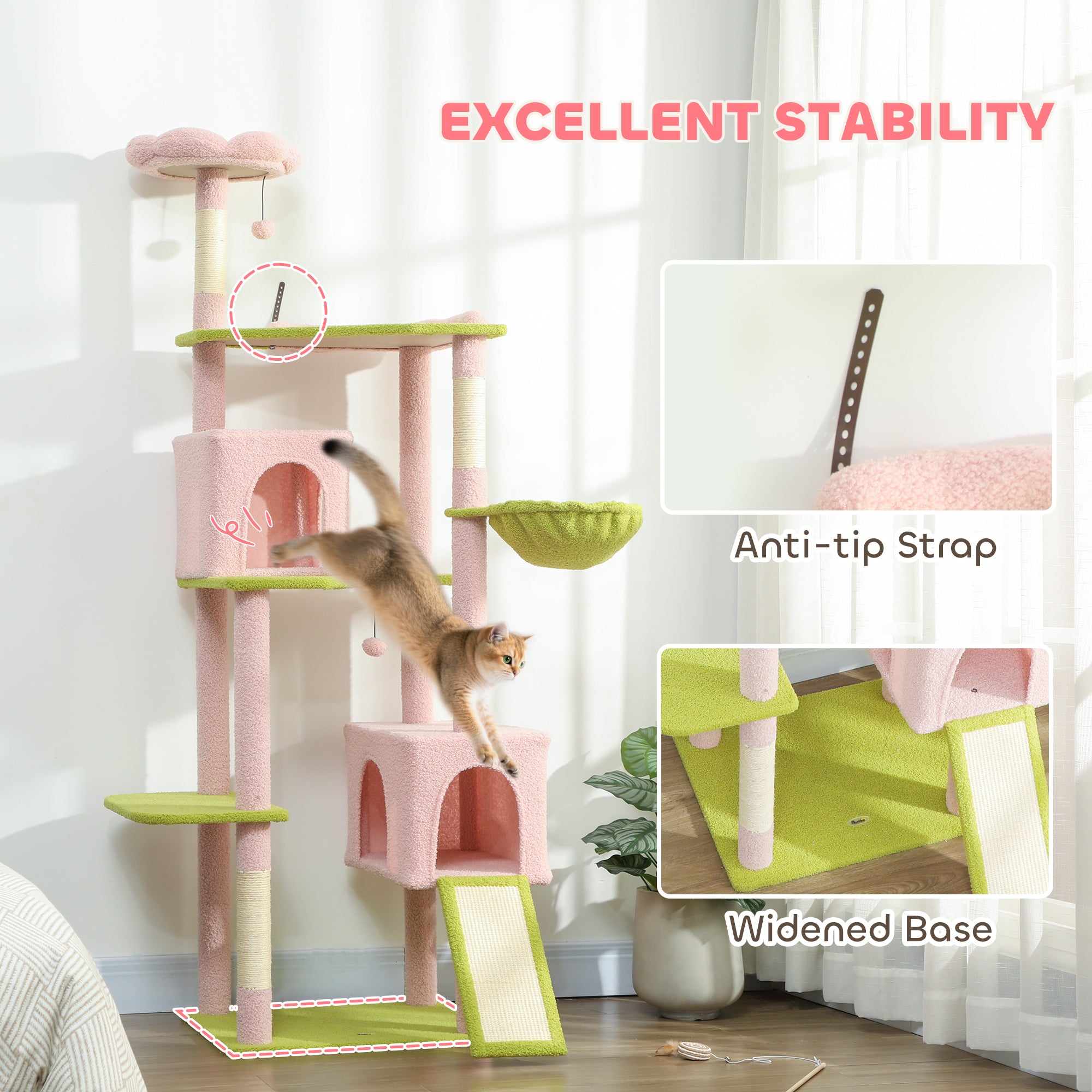 74" Flower Cat Tree, Large Cat Tower with Scratching Post & Board for Indoor Cats, Pink - Pink - Image 7