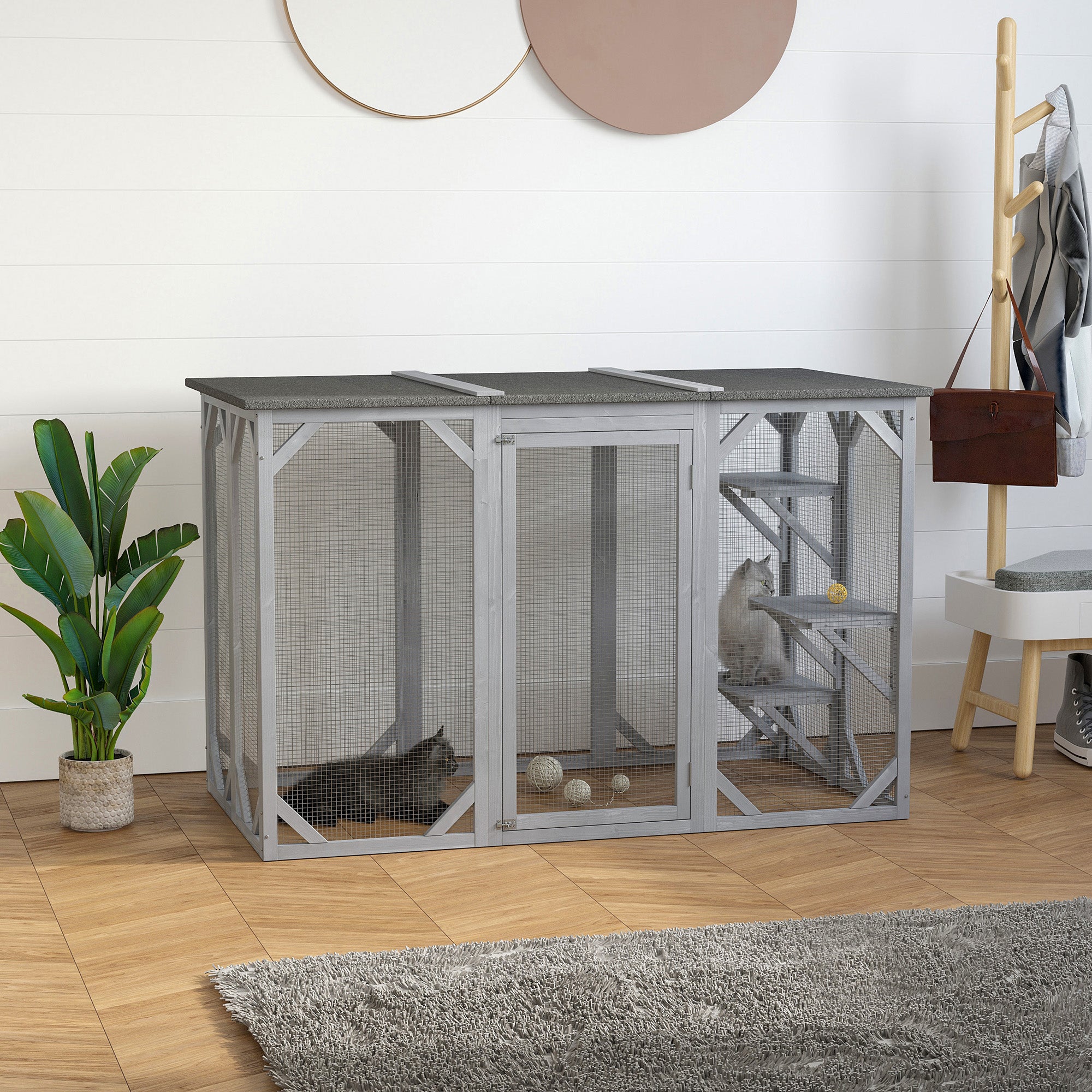 71" x 32" x 44" Large Wooden Outdoor Cat Enclosure Catio Cage With 3 Platforms, Gray - Grey - Image 2