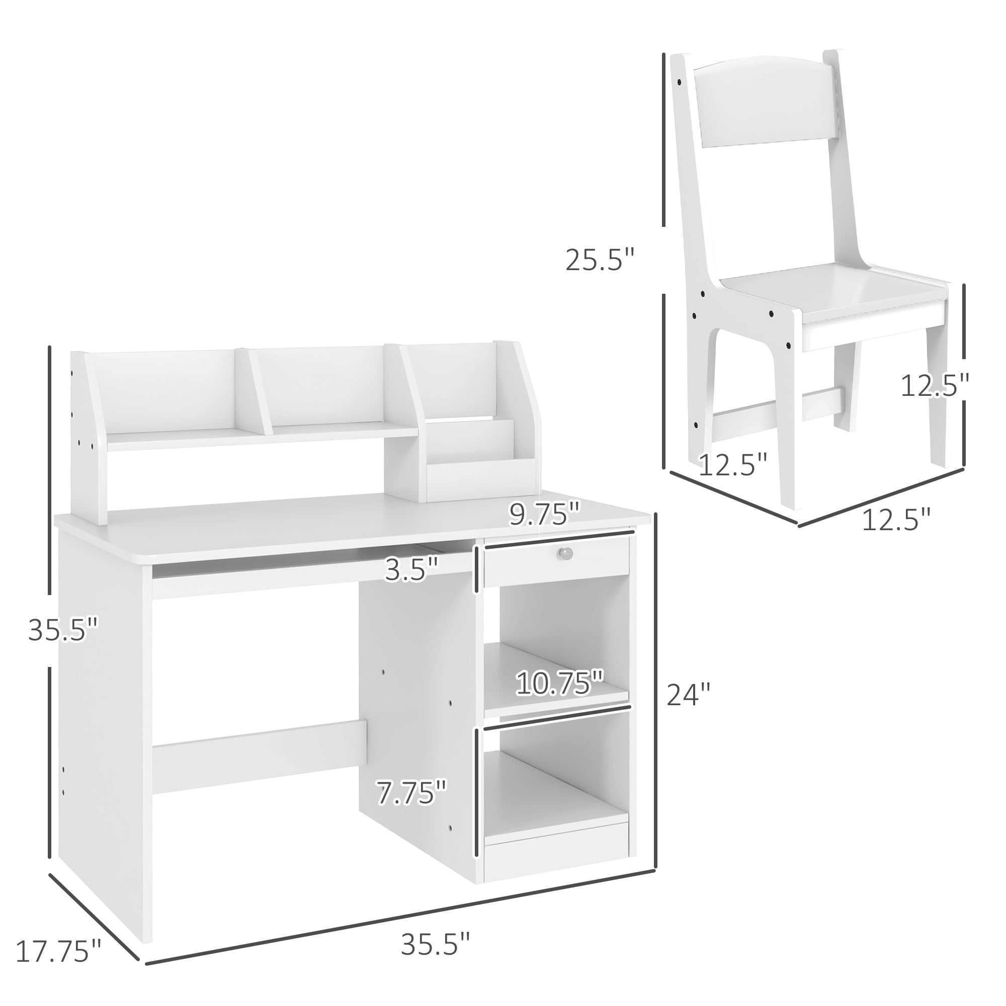 Kids Desk and Chair Set 5-8 Year Old with Storage, White