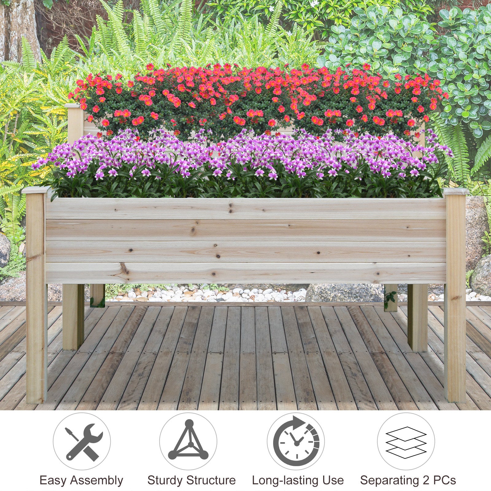 Two-Tier Wooden Elevated Garden Bed with Legs, Large Capacity 45x45 Outdoor Planter for Vegetables, Flowers, and Herbs, Ideal for Gardeners, Natural - Natural Wood Color - Image 5