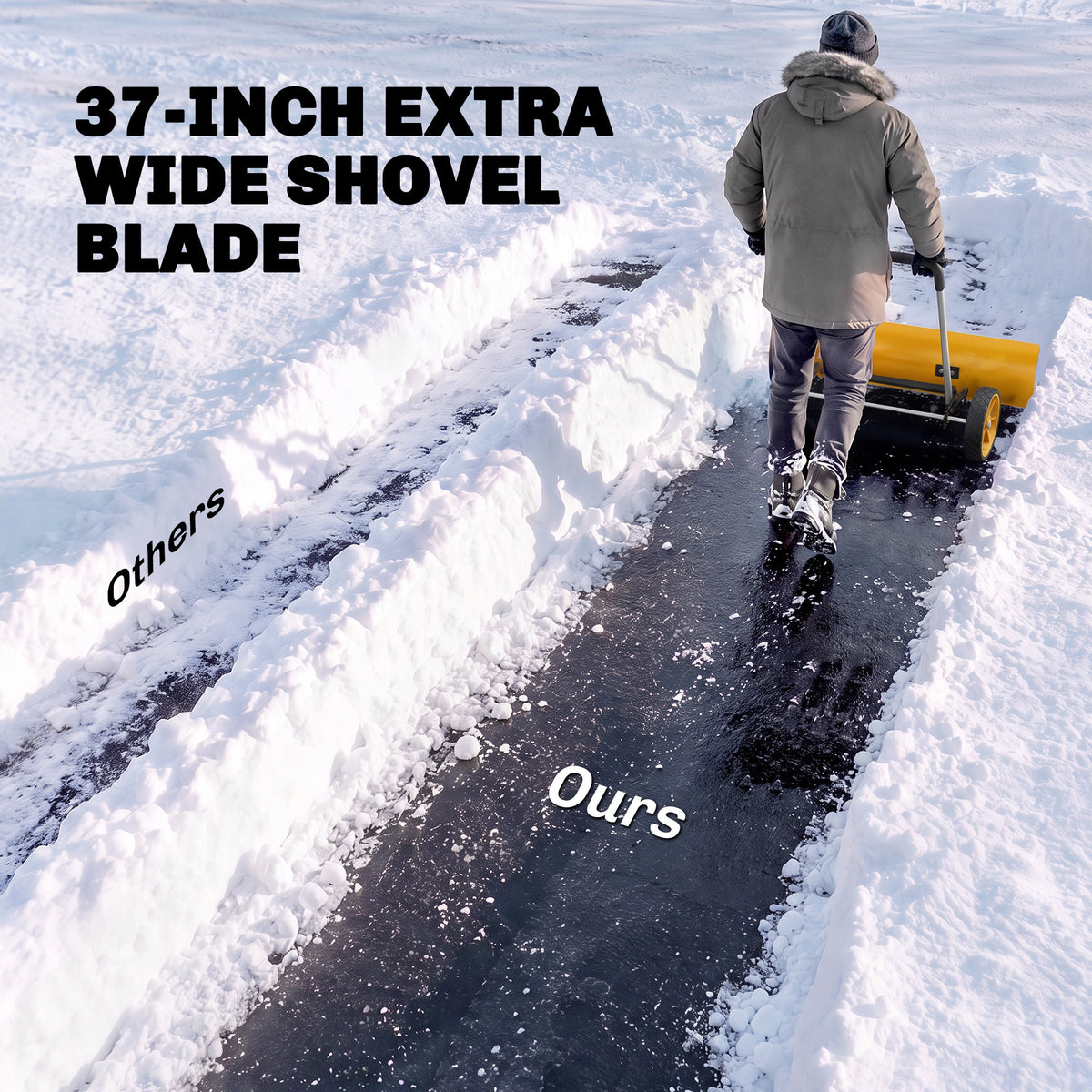 37-Inch Extra Wide Snow Shovel with Wheels, Heavy Duty Aluminum Snow Pusher with Ergonomic Adjustable Handle, Yellow