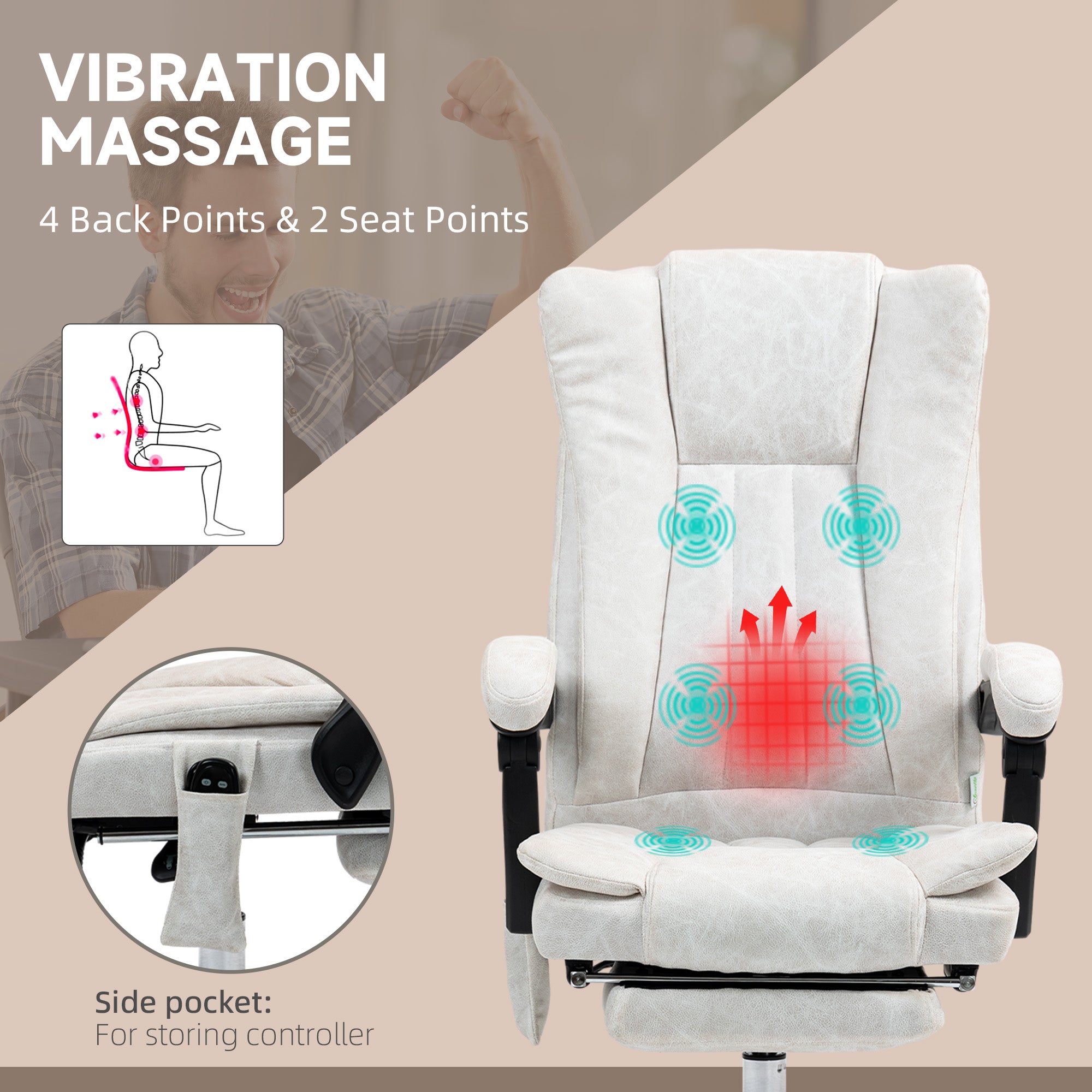 Massage Office Chair with 6 Points and Heat, Reclining Computer Chair with Adjustable Height and Footrest, White