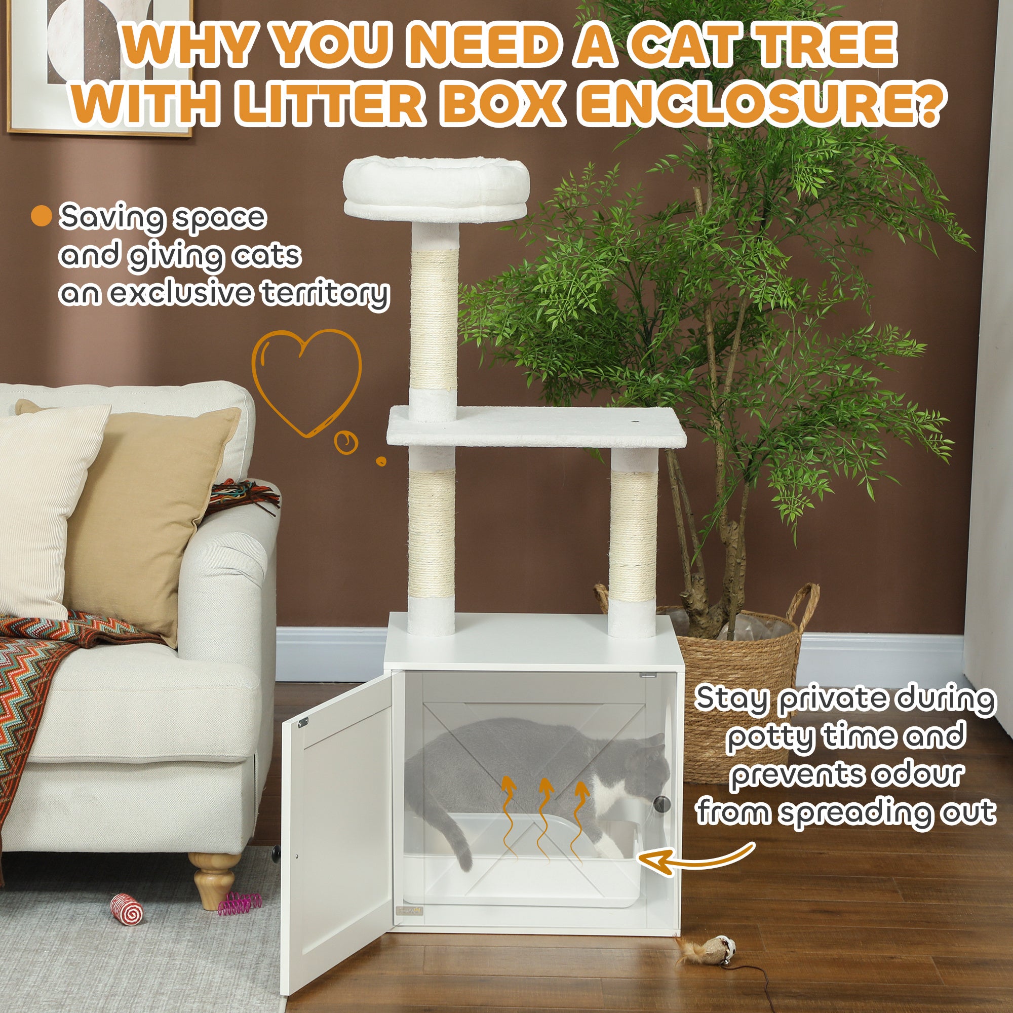 Cat Tree with Litter Box Enclosure, Scratching Posts, Bed, Climbing Platforms for Indoor Cats, White - White - Image 5