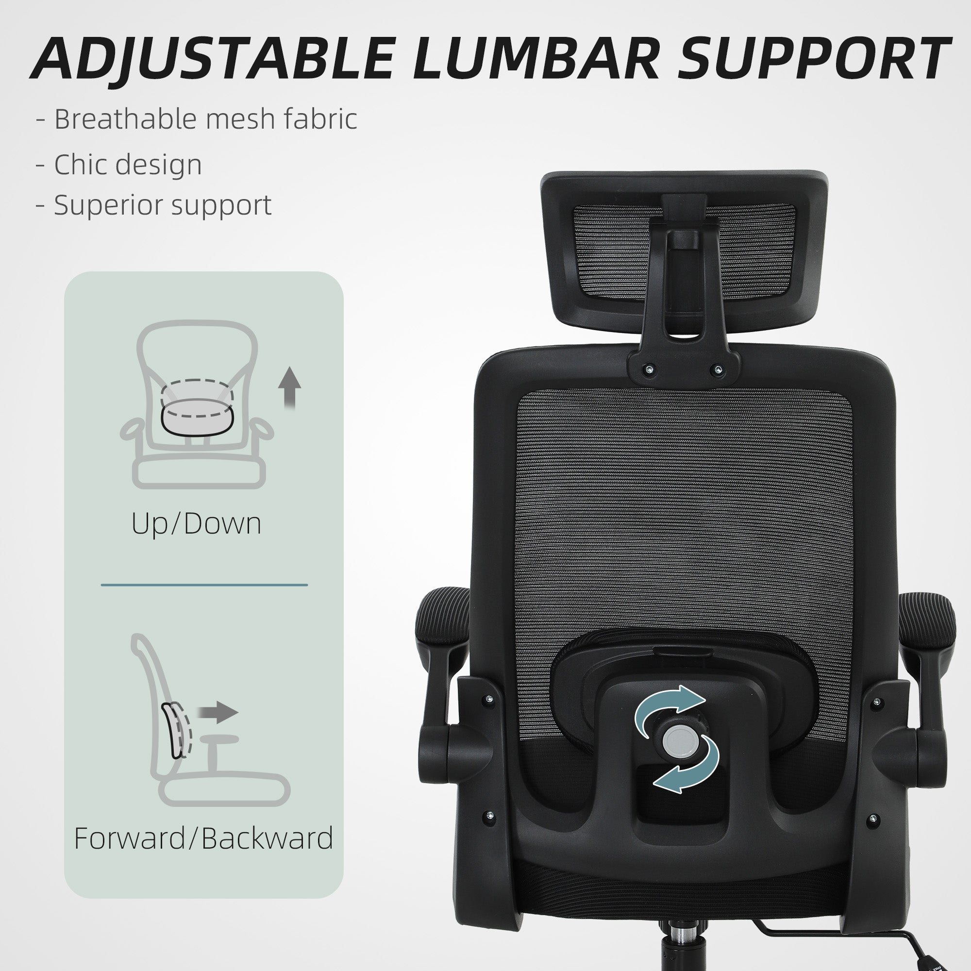Mesh Office Chair, Ergonomic Desk Chair with Flip-up Armrest, Rotatable Headrest, Adjustable Lumbar Support, Black