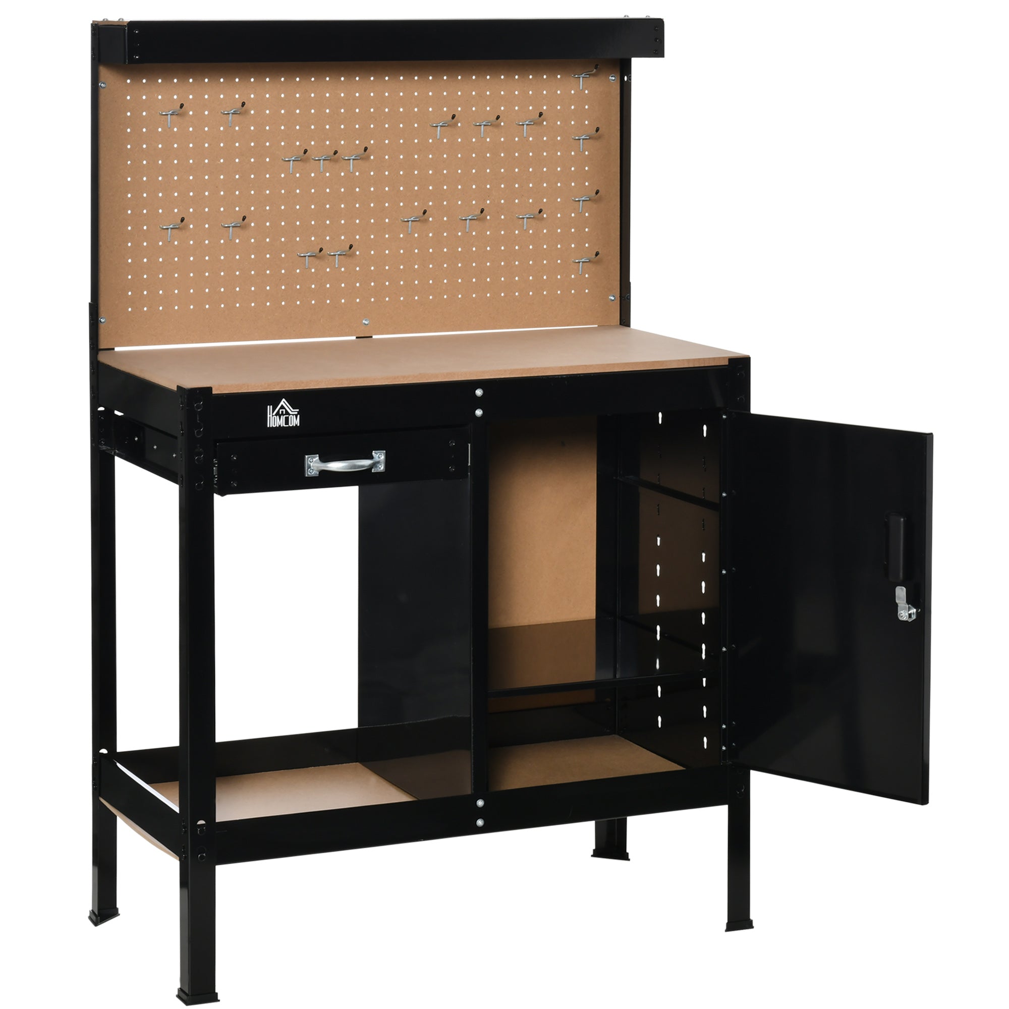 Multipurpose Workbench, Workshop Tool Table with Slide Drawer. Peg Board, Storage Cabinet with Keys