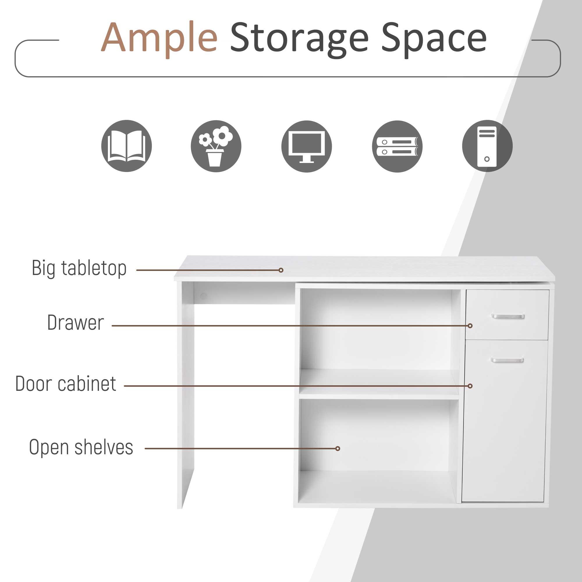 L Shaped Computer Desk, 180° Rotating Corner Desk with Storage Shelves, Drawer and Cabinet, Study Workstation for Home Office, 47.25"x19.75"x 53.75", White