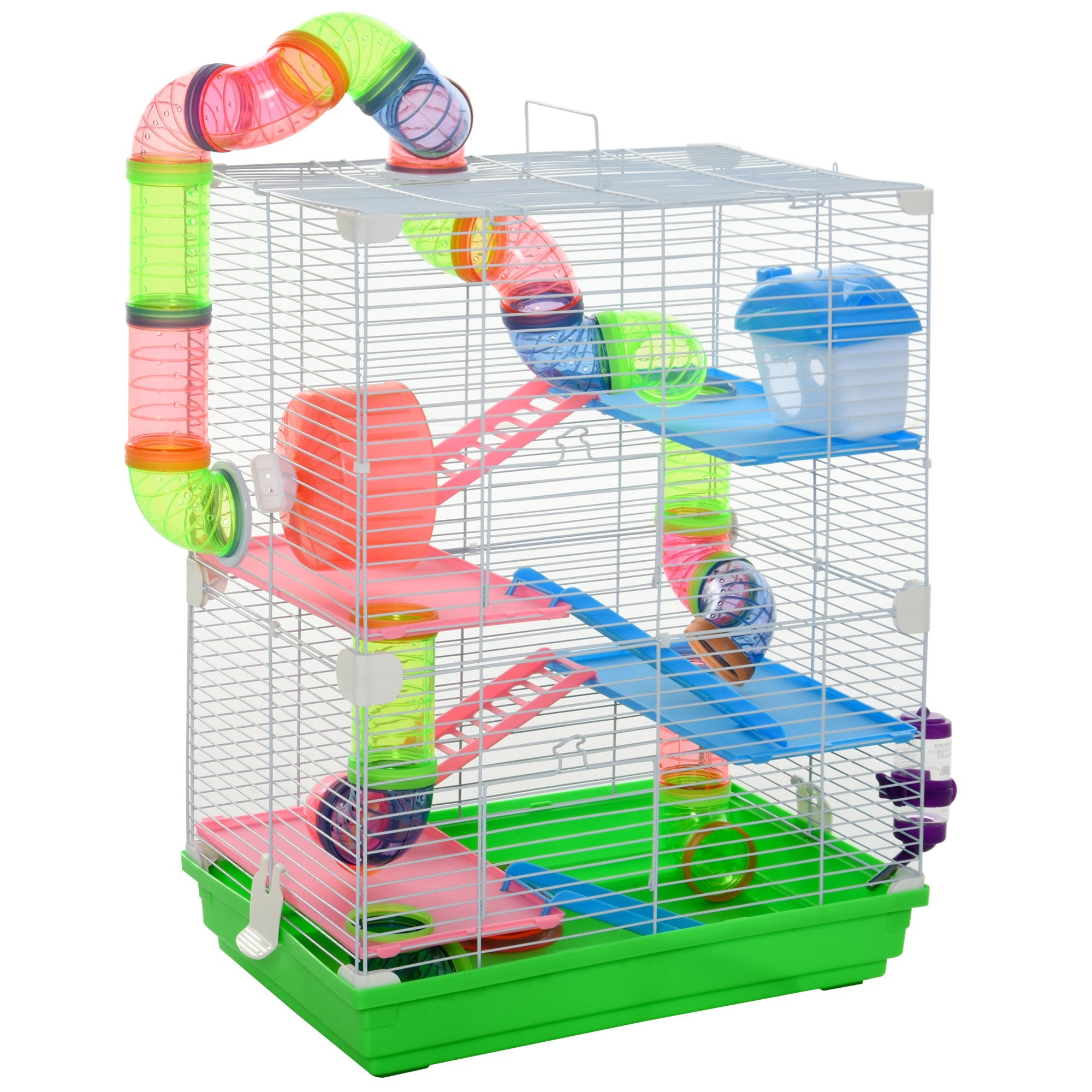 5 Tiers Hamster Cage Portable Animal Travel Carrier w/ Exercise Wheels Tube - Green