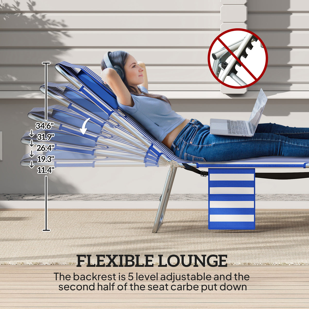 2 Tanning Chairs with Face Hole, 5-Level Adjustable Outdoor Chaise Lounge Chair with Pillow for Beach, Pool, Blue Stripe