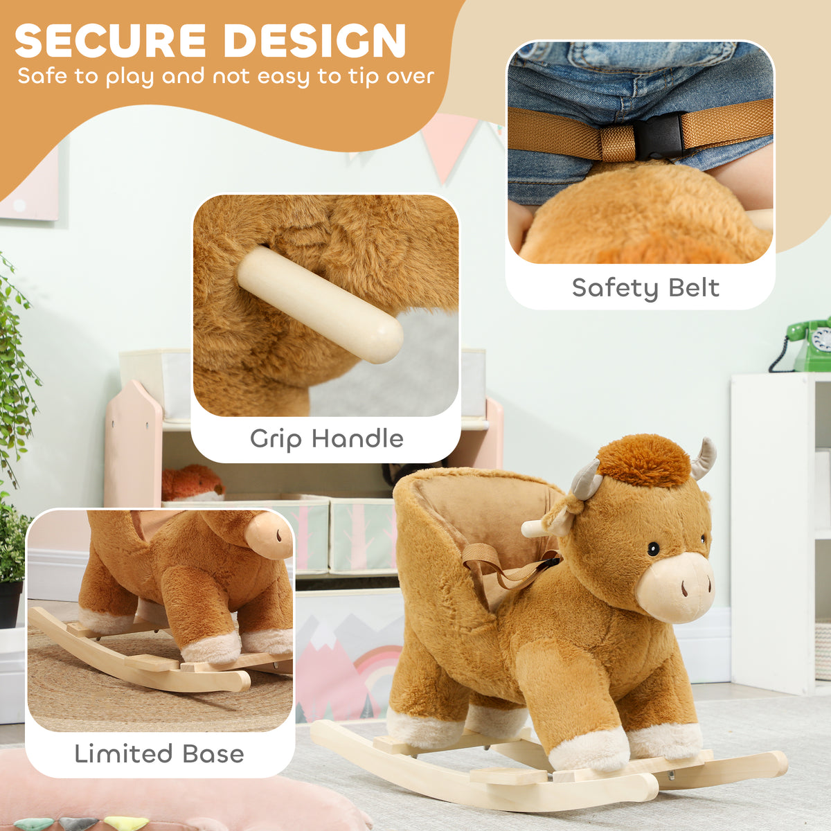 Baby Rocking Horse with Cute Cow Stuffed Plush, Music, Safety Belt, Wooden Rocking Horse for 1-3 Years, Brown