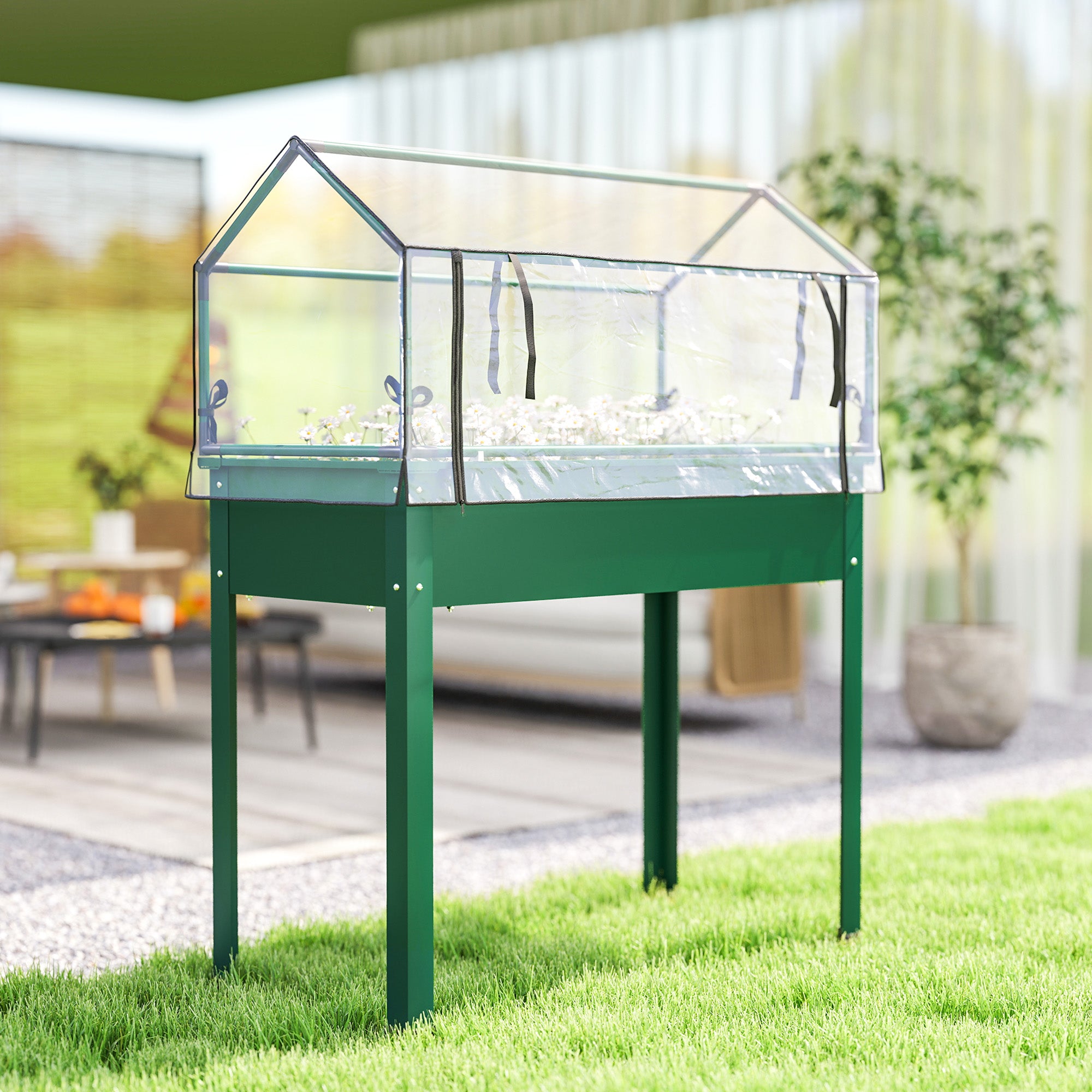 Elevated Garden Box with Greenhouse Cover, Raised Garden Bed with Legs and Drainage Hole for Vegetables, Green - Green - Image 8