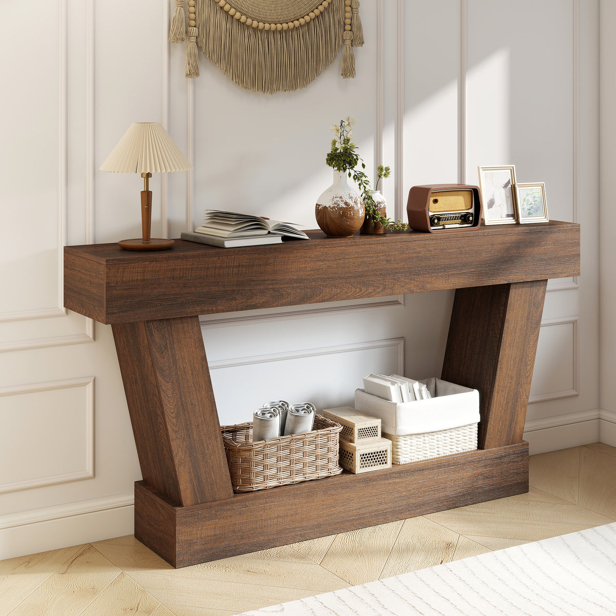 63 Inch Vintage Console Table, Narrow Entryway Table with Open Shelf for Living Room, Brown