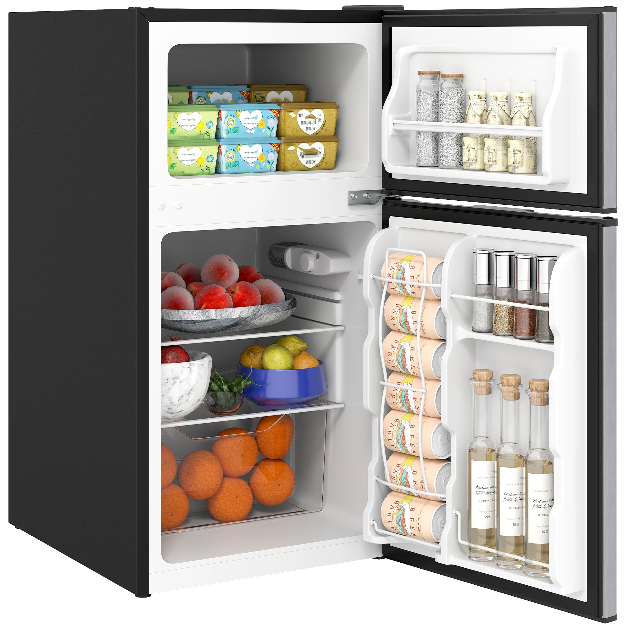 3.2 Cu.Ft Mini Fridge with Freezer, Compact Refrigerator with Adjustable Thermostat, Shelf and Double Reversible Door for Bedroom, Dorm, Home Office, Energy Efficient, Black
