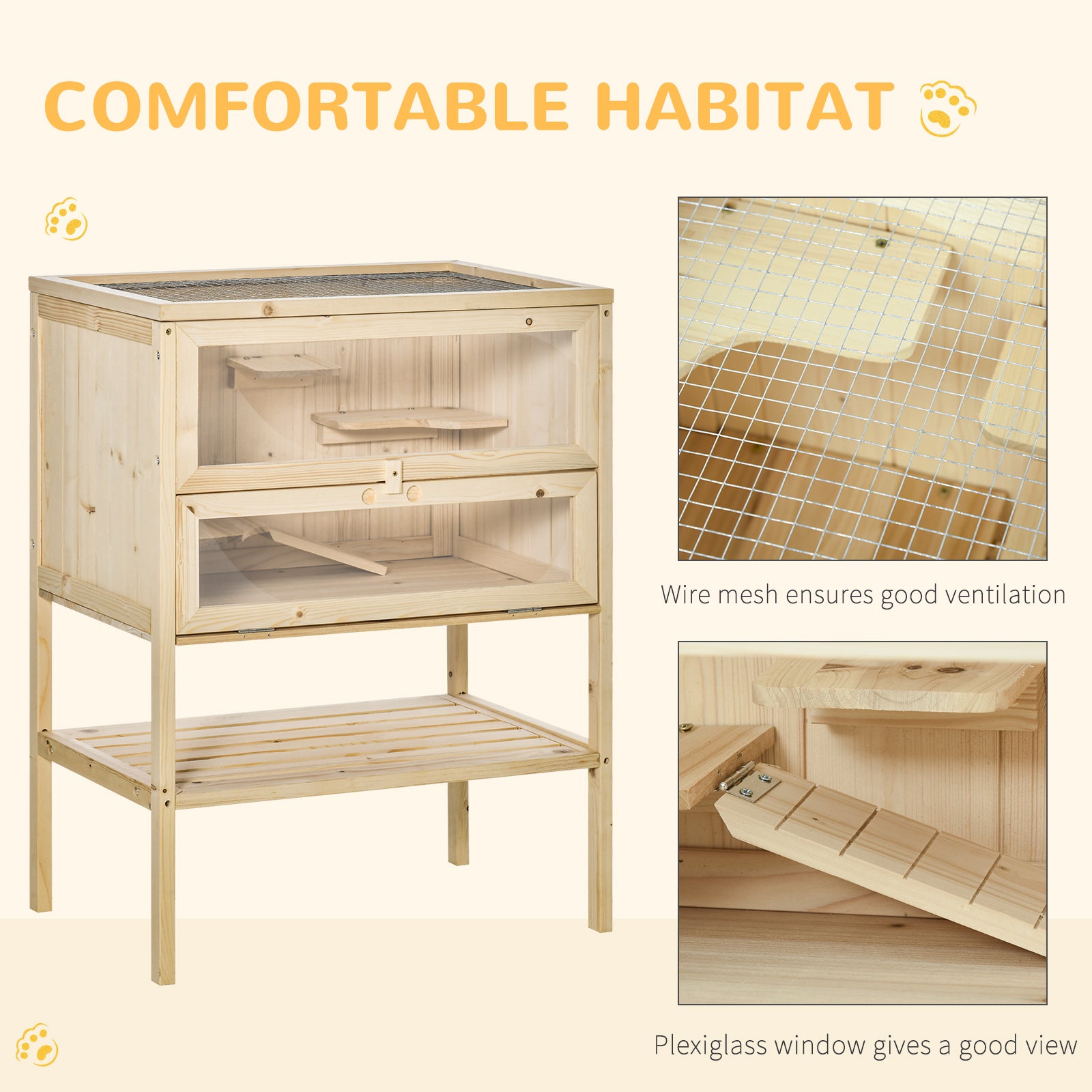3-Tier Wooden Hamster Cage Mice and Rat Cage Small Animals Hutch with Openable Top, Front Door, Shelf, Natural Wood - Natural Wood - Image 6
