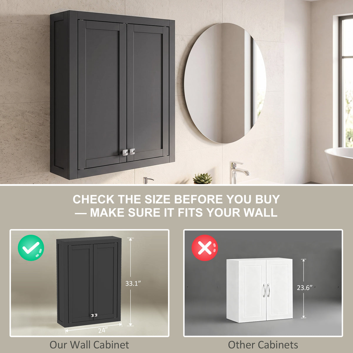 Bathroom Cabinet Wall Mounted, Modern Bathroom Wall Cabinet with 2 Doors and 2 Adjustable Shelves, Black