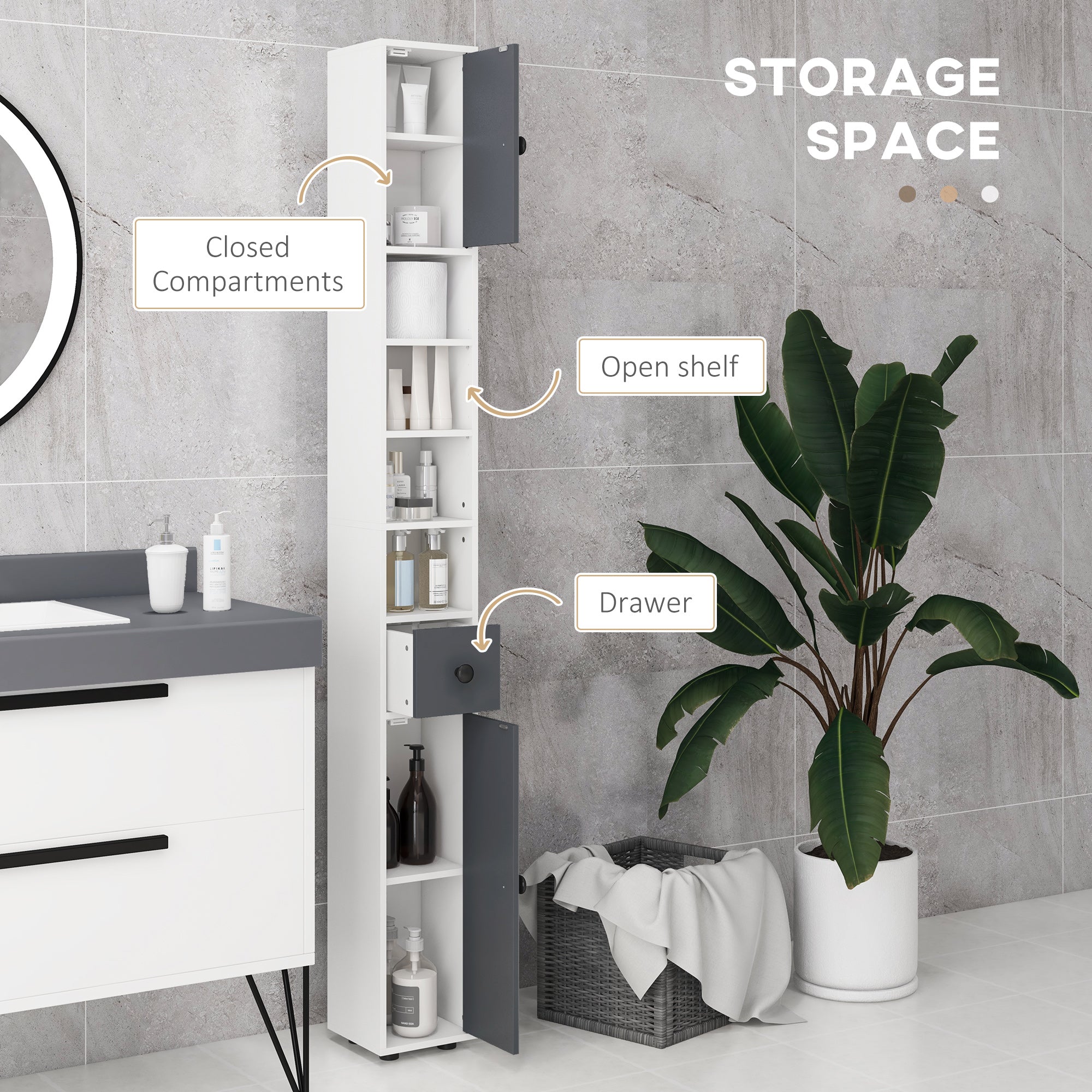71" Small Bathroom Storage Cabinet, Narrow Toilet Paper Cabinet with Open Shelves, 2 Cabinets, Adjustable Shelves, Gray
