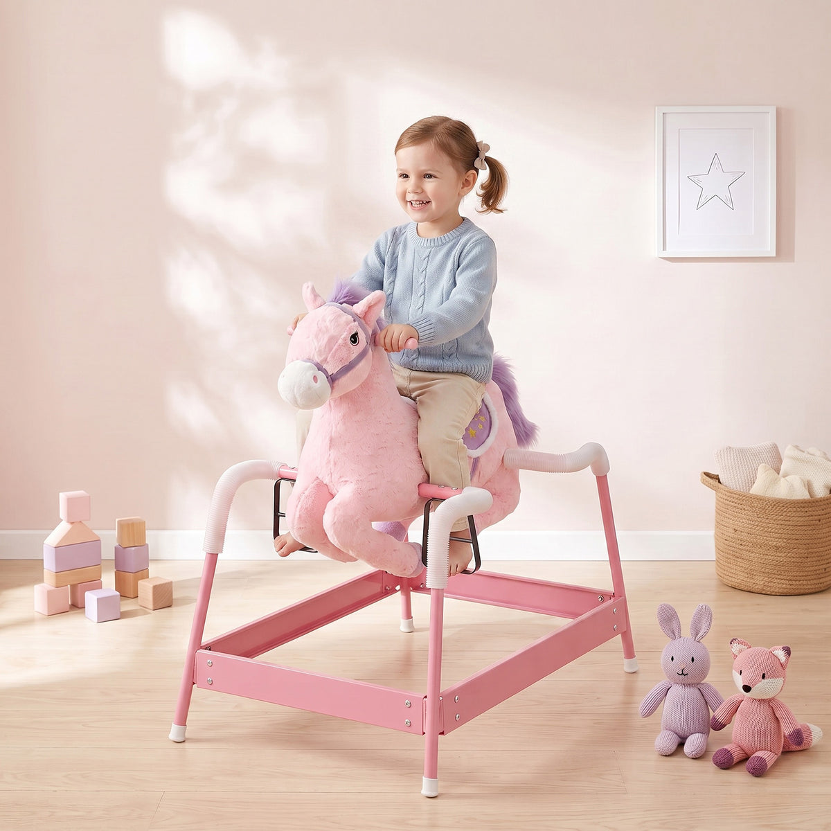 Kids Spring Rocking Horse, Ride on Horse with Neighing Sounds, Plush Animal Ride on Toy for Ages 3+ Years, Pink
