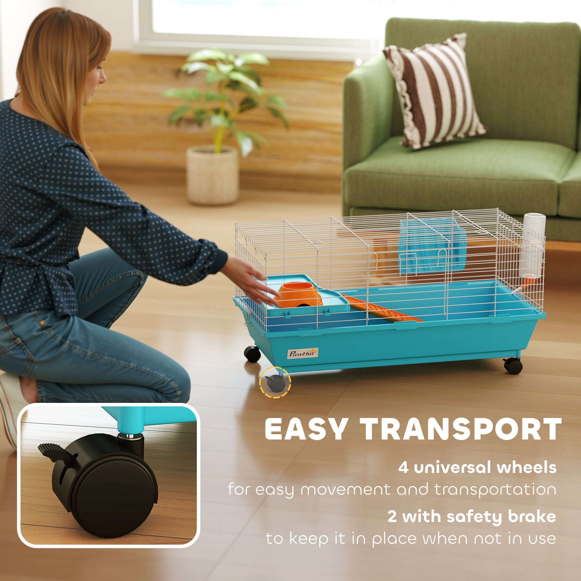 35"L Small Animal Cage, Rolling Bunny Cage, Guinea Pig Cage with Wheels, Food Dish, Water Bottle, Hay Feeder, Blue - Blue - Image 5