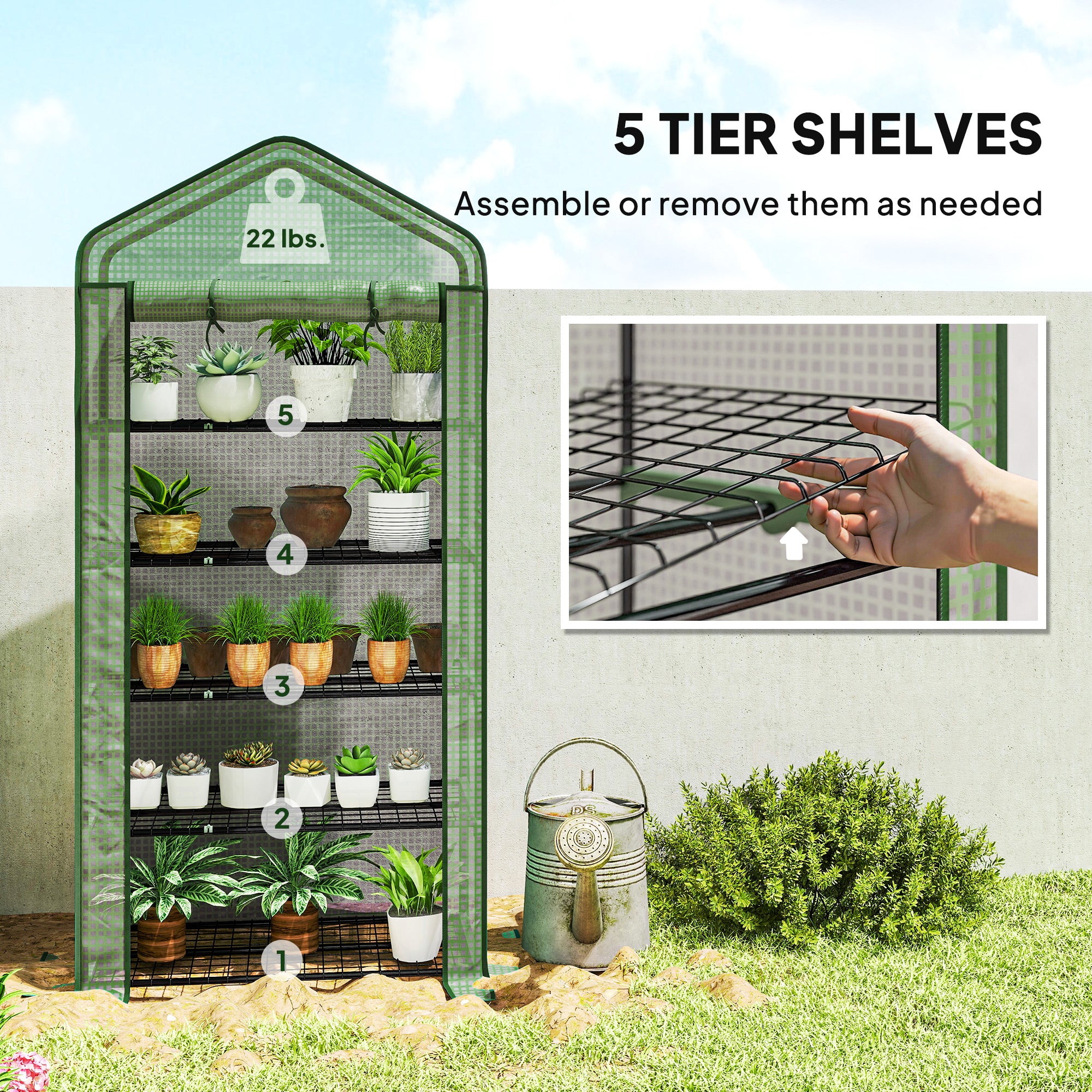 5 Tier Mini Greenhouse, Small Portable Greenhouse with PE Cover, Roll-Up Zippered Door, 76" x 35.4" x 19.3", Green - Green - Image 5