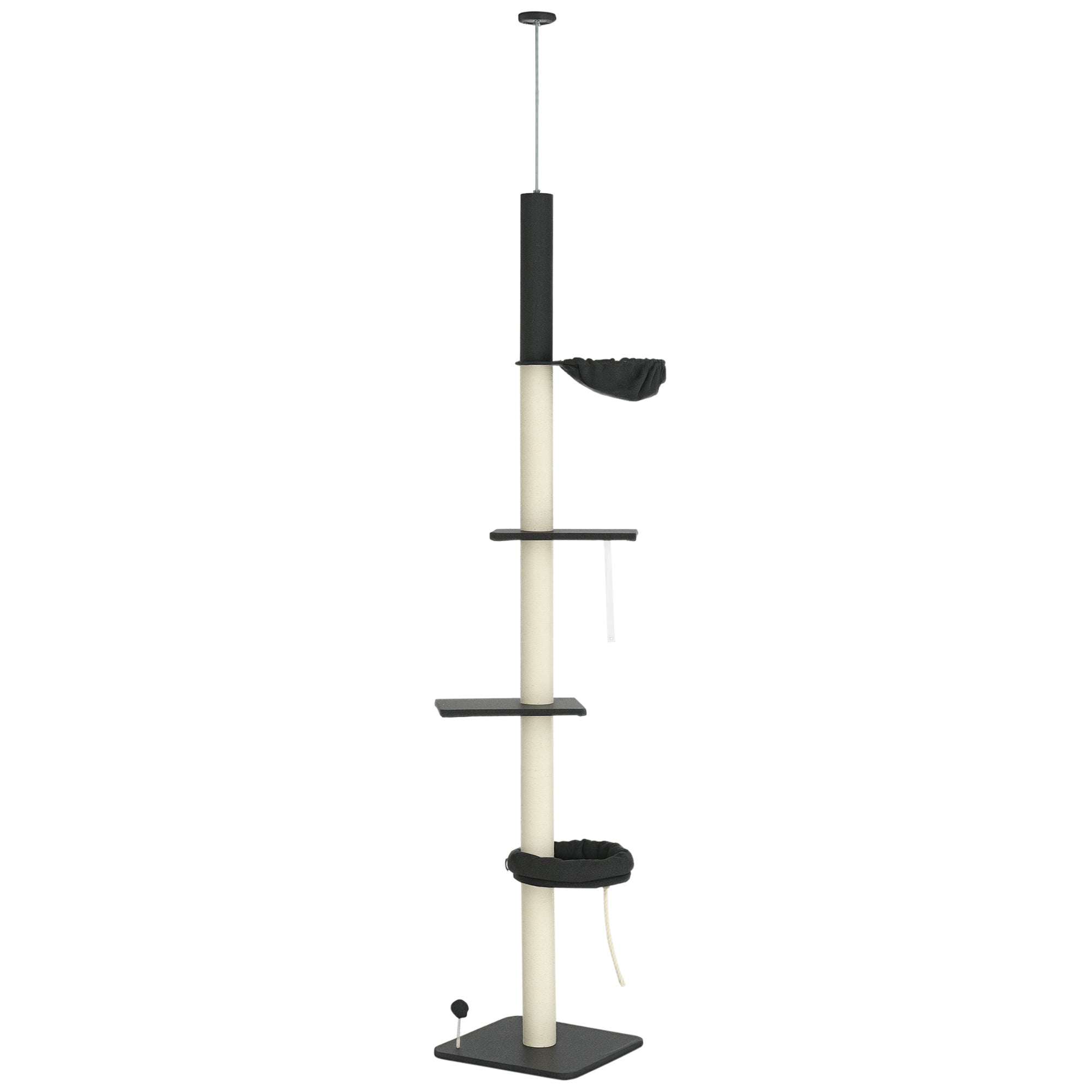 Floor To Ceiling Cat Tree, 5-Tier Cat Climbing Tower, 95''-106'' Height Adjustable with Carpeted Platforms, Cozy Bed, Hammock, Scratching Post & Toy Ball for Indoor Cats, Dark Gray and Cream - Black, Cream