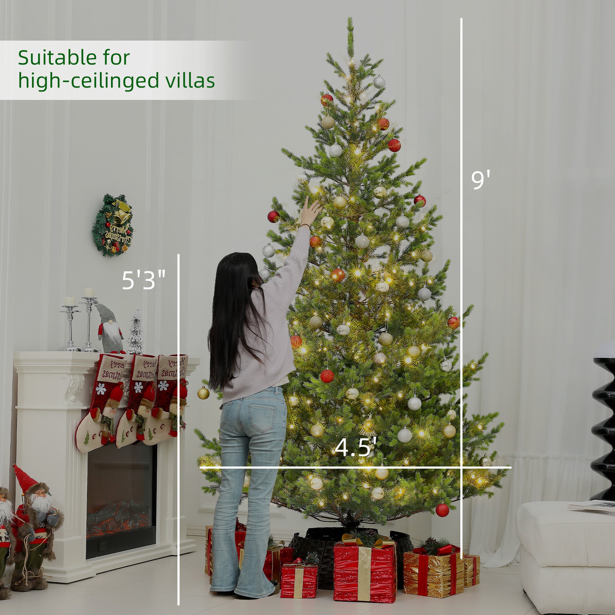 9ft Artificial Prelit Sparse Cedar Christmas Tree with LED Lights and 4306 Tips, Steel Base for Home Office Holiday