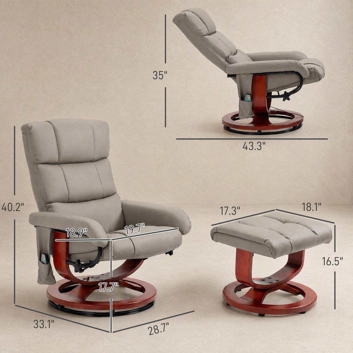 Massage Recliner Chair with Ottoman, Swivel Recliner and Footrest, Faux Leather Reclining Chair w/ Remote Control, Gray