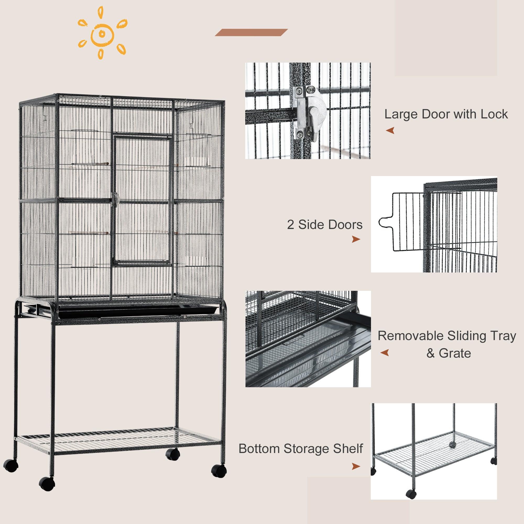 30" Rolling Metal Bird Cage Feeder with Detachable Rolling Stand, Storage Shelf, Wood Perch & Food Container - Black and Gray - Image 6