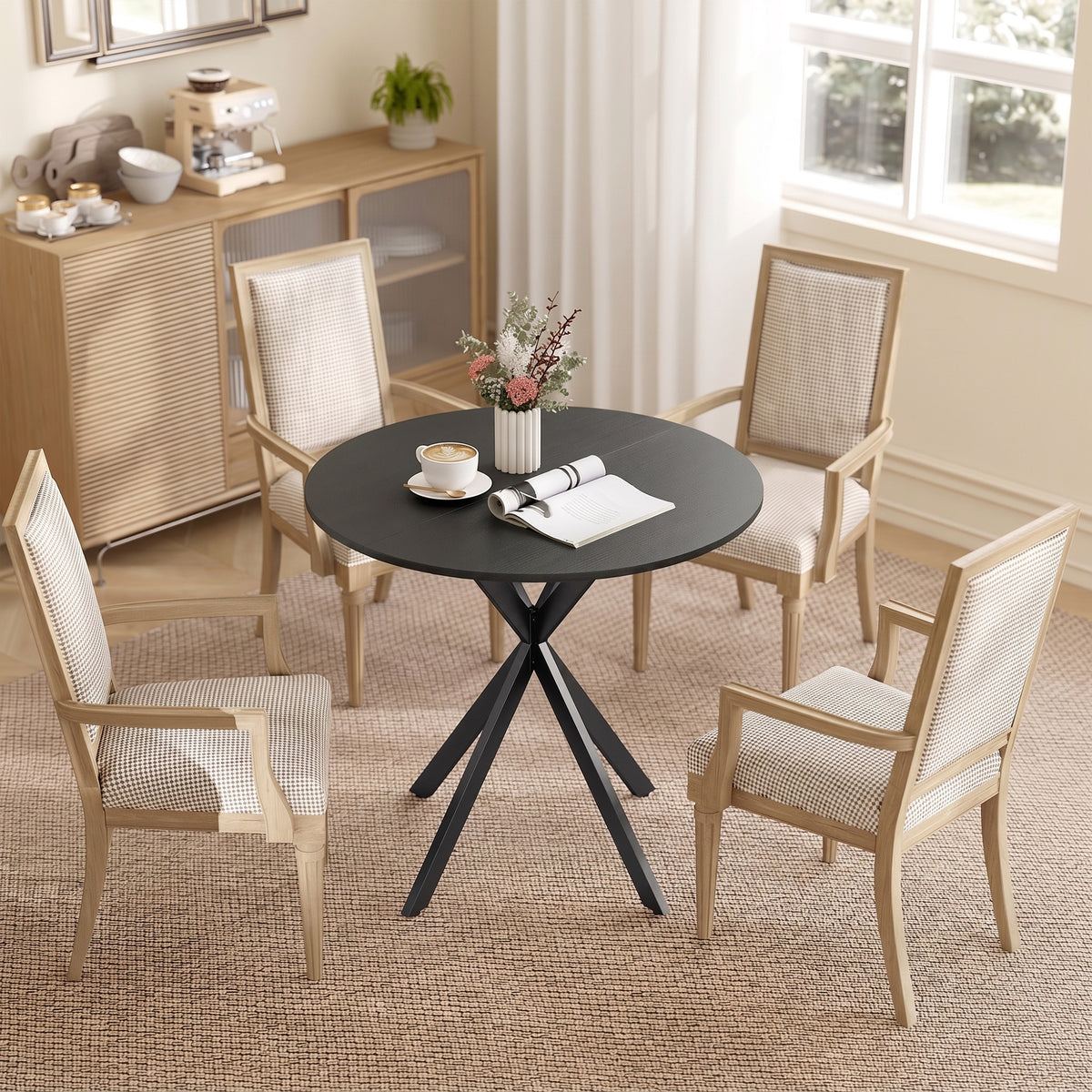 31.5" Small Round Dining Table for 2, Industrial Kitchen Table with Cross Steel Legs for Dining Room, Distressed Black