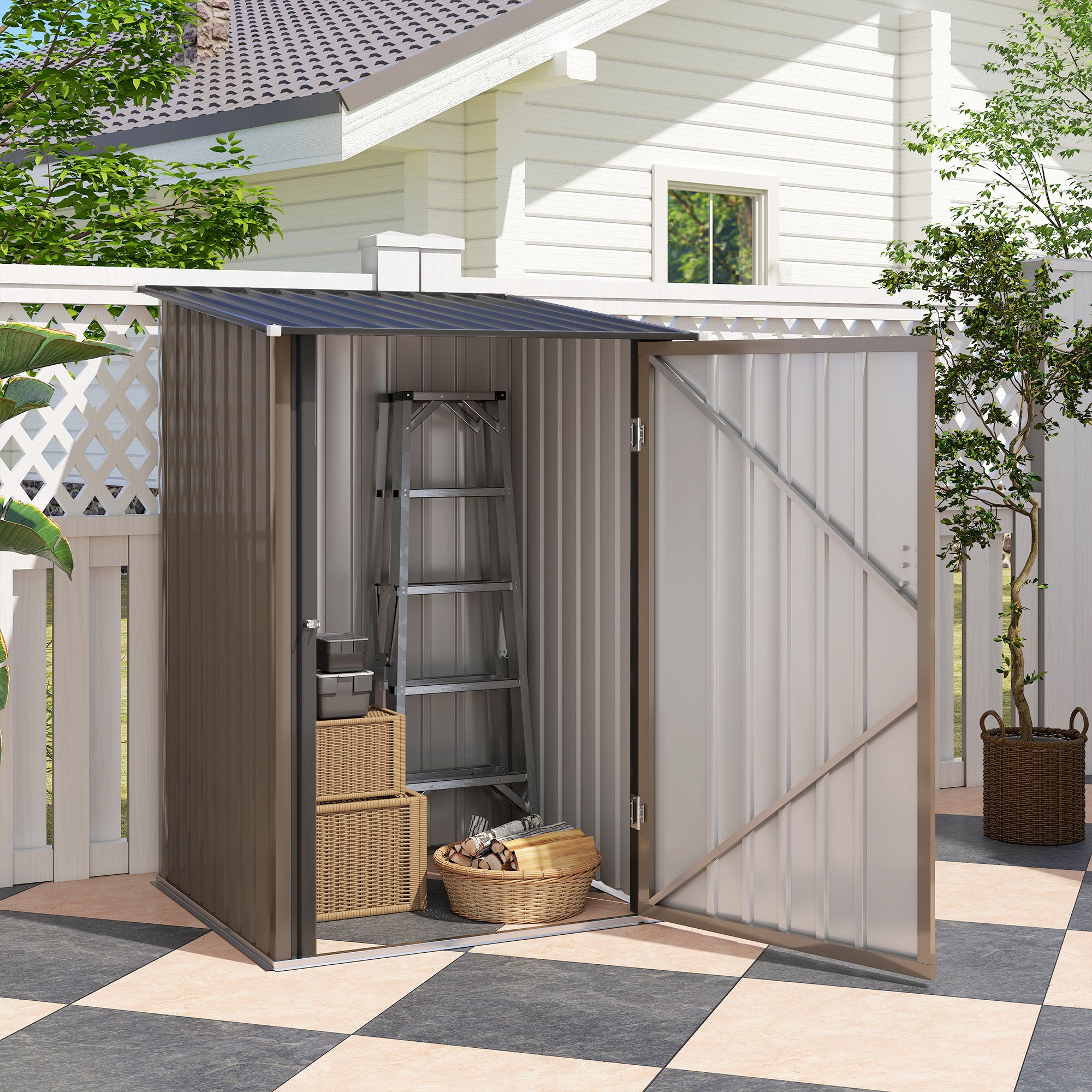 Outdoor 3.3' x 3.4' Lean-to Garden Storage Shed, Galvanized Steel Tool House with Lockable Door for Patio, Brown - Brown - Image 8