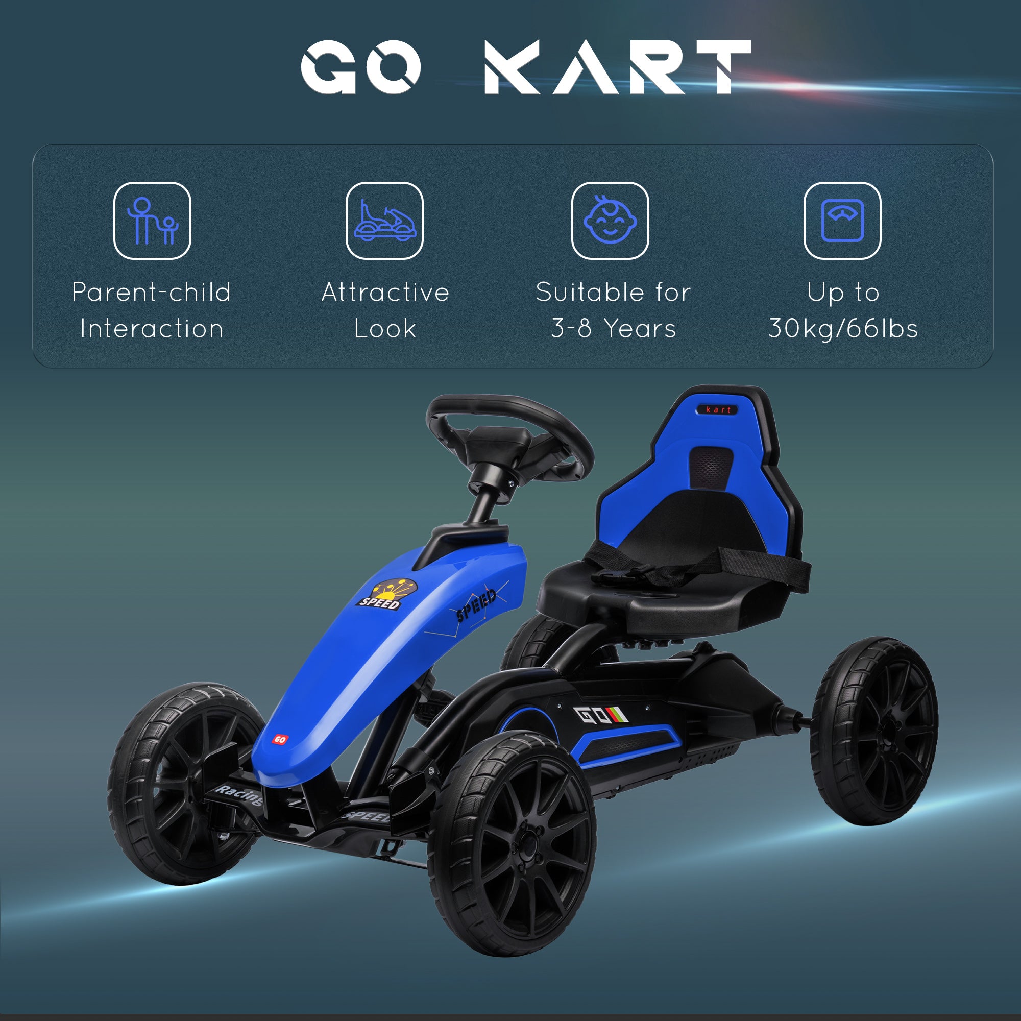 Kids Pedal Go Kart w/ Swing Axle, Shock-Absorbing Wheels, Blue