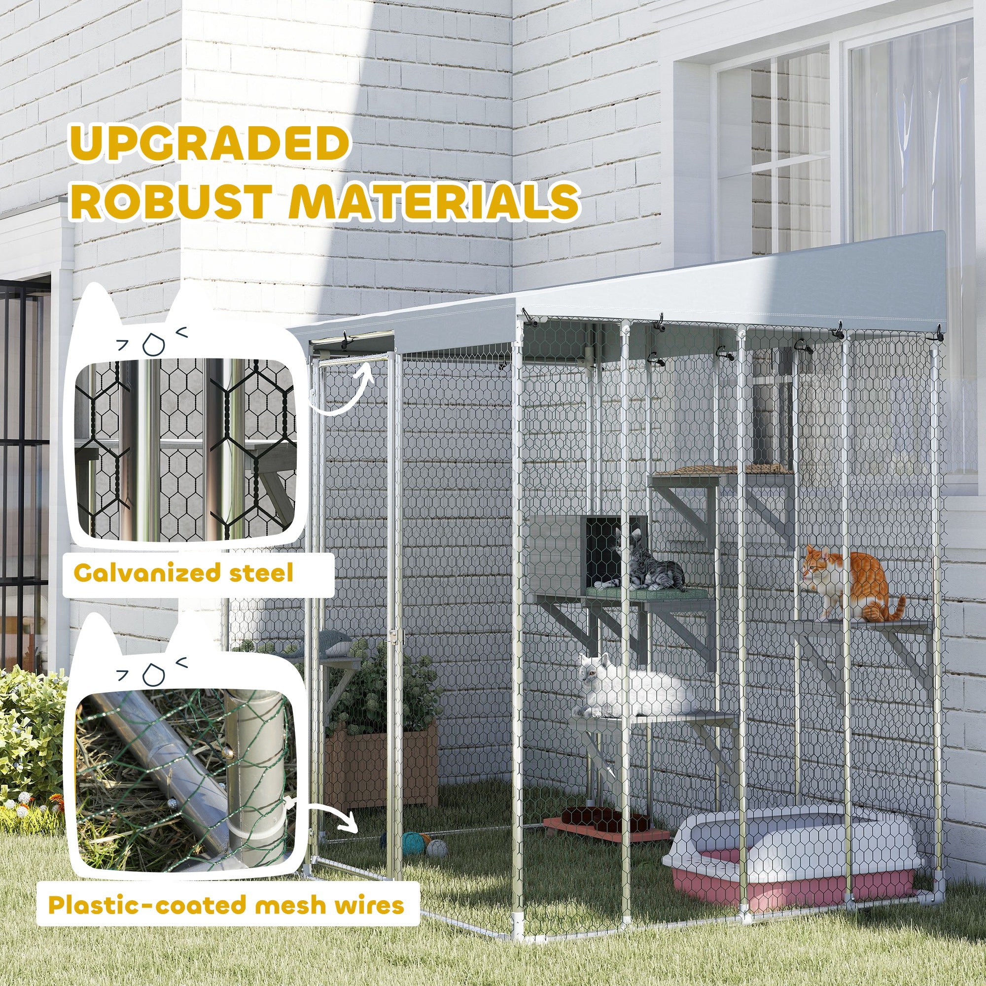 79" Galvanized Steel Large Catio with Waterproof Canopy, Sleeping Box, Jumping Platforms, for 1-3 Kittens, Silver - Silver - Image 8