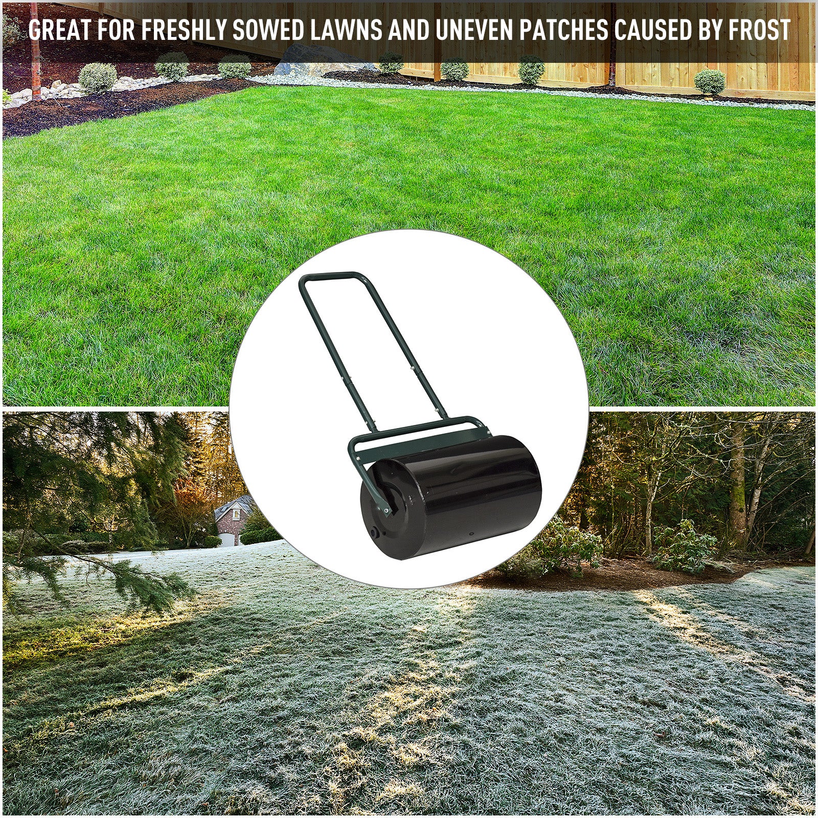 20-Inch Push/Tow Behind Lawn Roller Filled with 10 Gal Water or Sand for Flattening Sod in the Garden, Dark Green - Dark Green - Image 5
