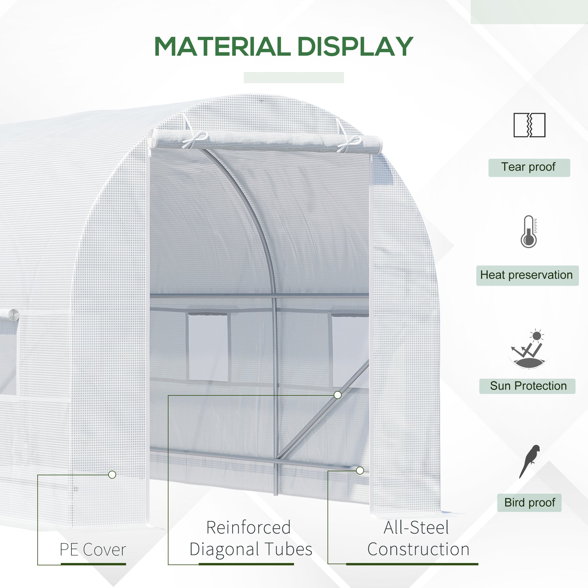 15' x 7' x 7' Walk-In Tunnel Greenhouse, Large Garden Hot House Kit with 6 Roll-up Windows & Roll Up Door, Steel Frame, White - White - Image 5