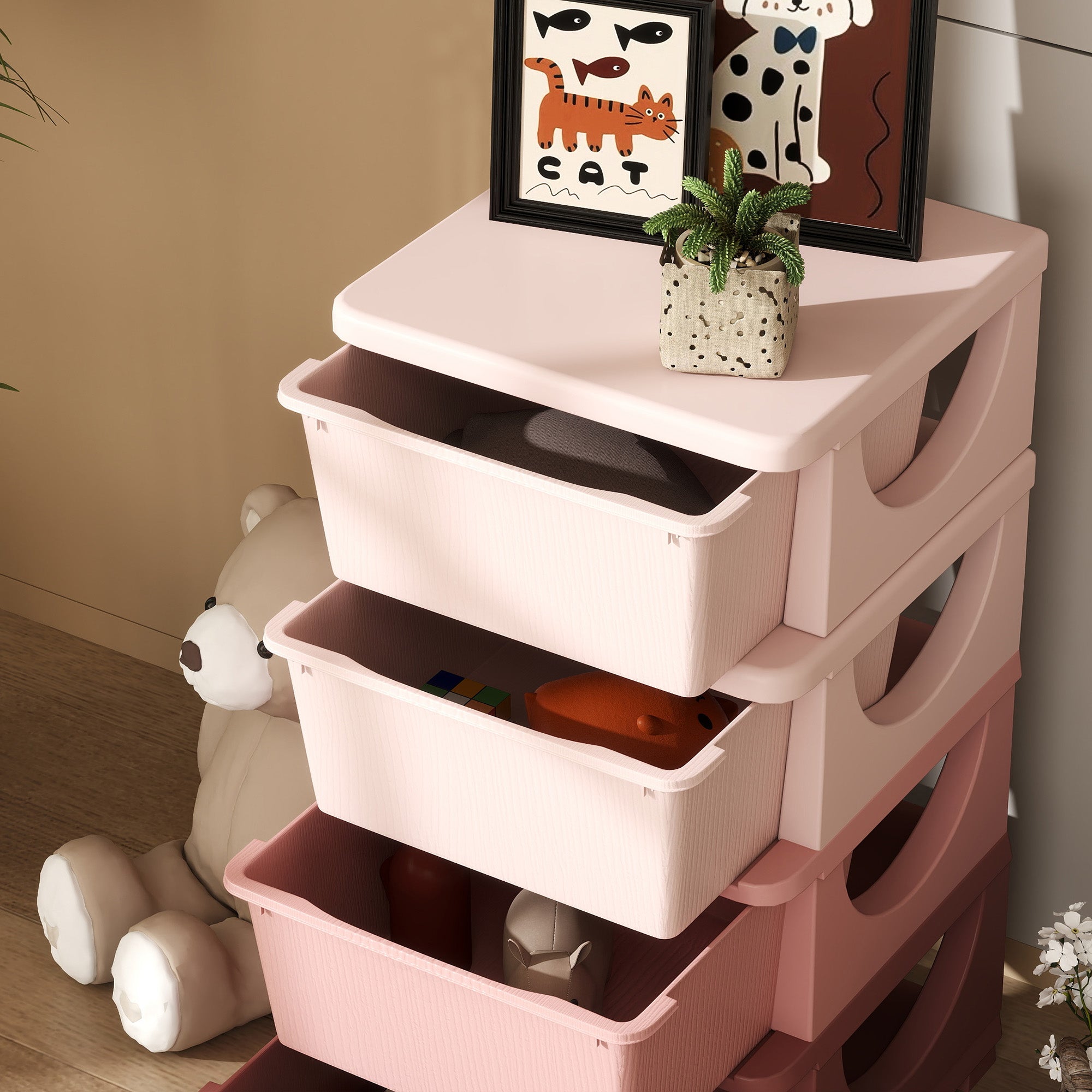 30" 4 Tier Kids Storage Unit Dresser Tower w/ 4 Drawers, Pink