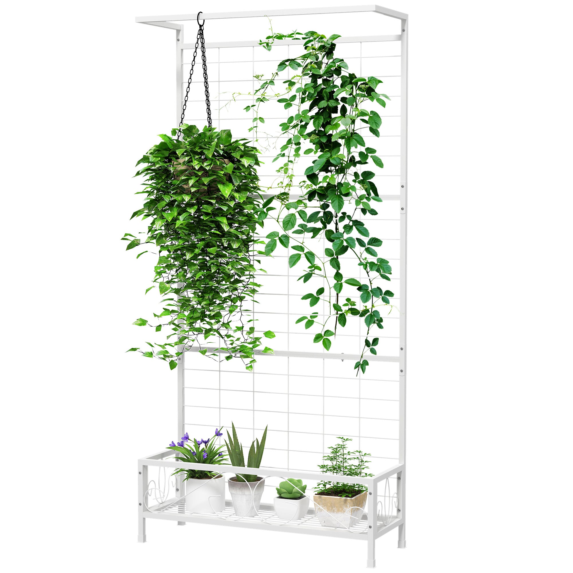 Metal Tall Plant Stand with Trellis and Hanging Bar, Plant Holder for Indoor Outdoor Use, 35" x 12.8" x 74", White - White