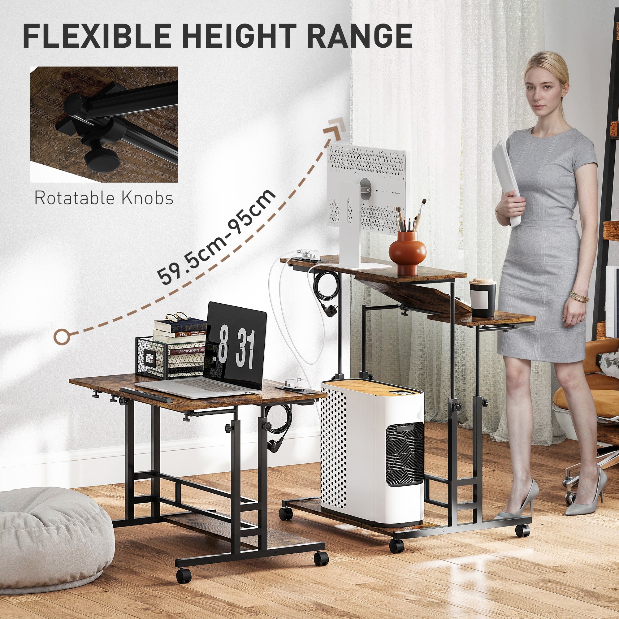 Adjustable Standing Desk with Power Outlets, Stand Up Desk with Tiltable Tabletop, Wheels, Shelf, for Home Office, Brown