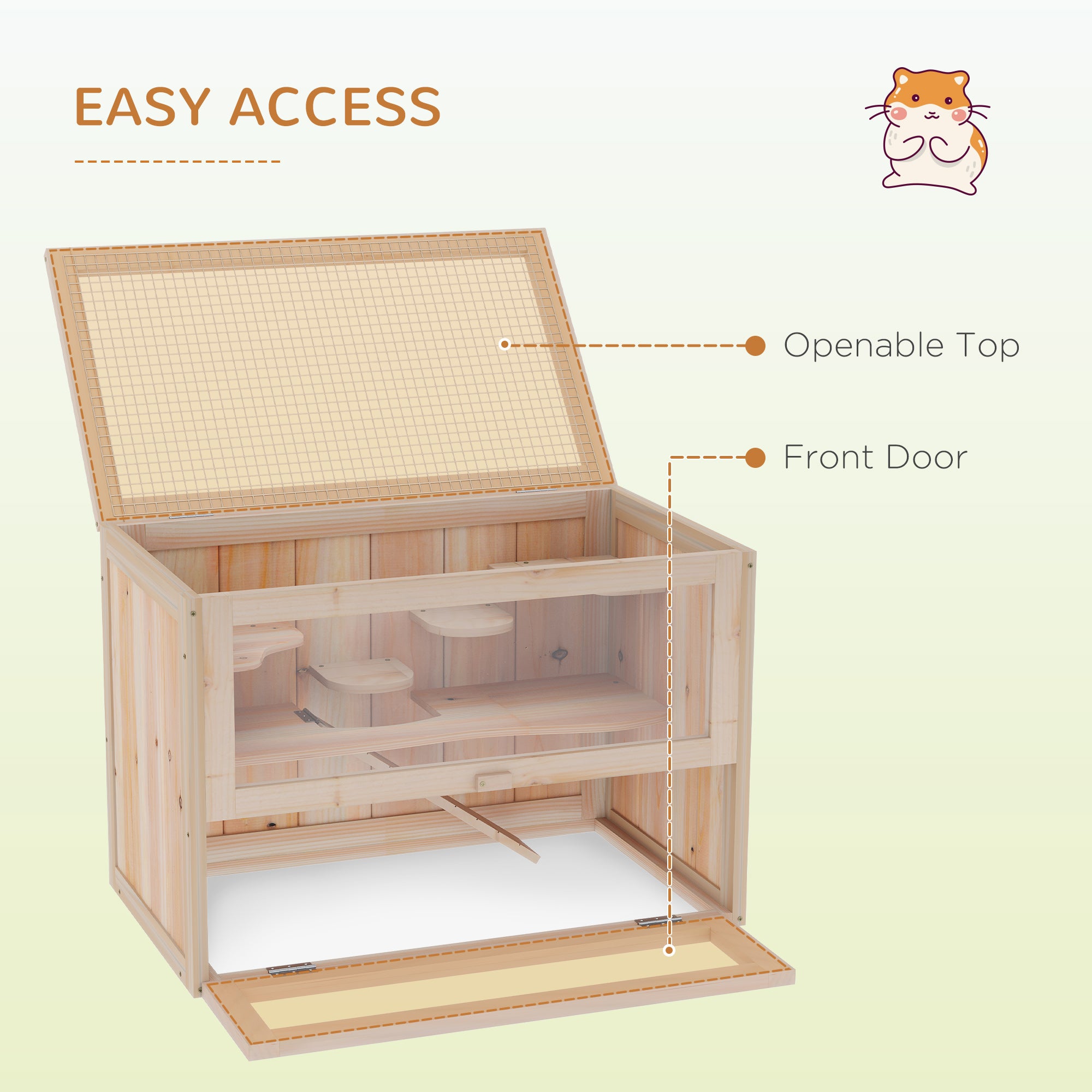 2-Level Hamster Cage Mice and Rat House, Small Animal Habitat for Guinea Pigs, Chinchillas with Openable Top, Front Door, Shelf and Ladder, Natural - Nature wood - Image 5