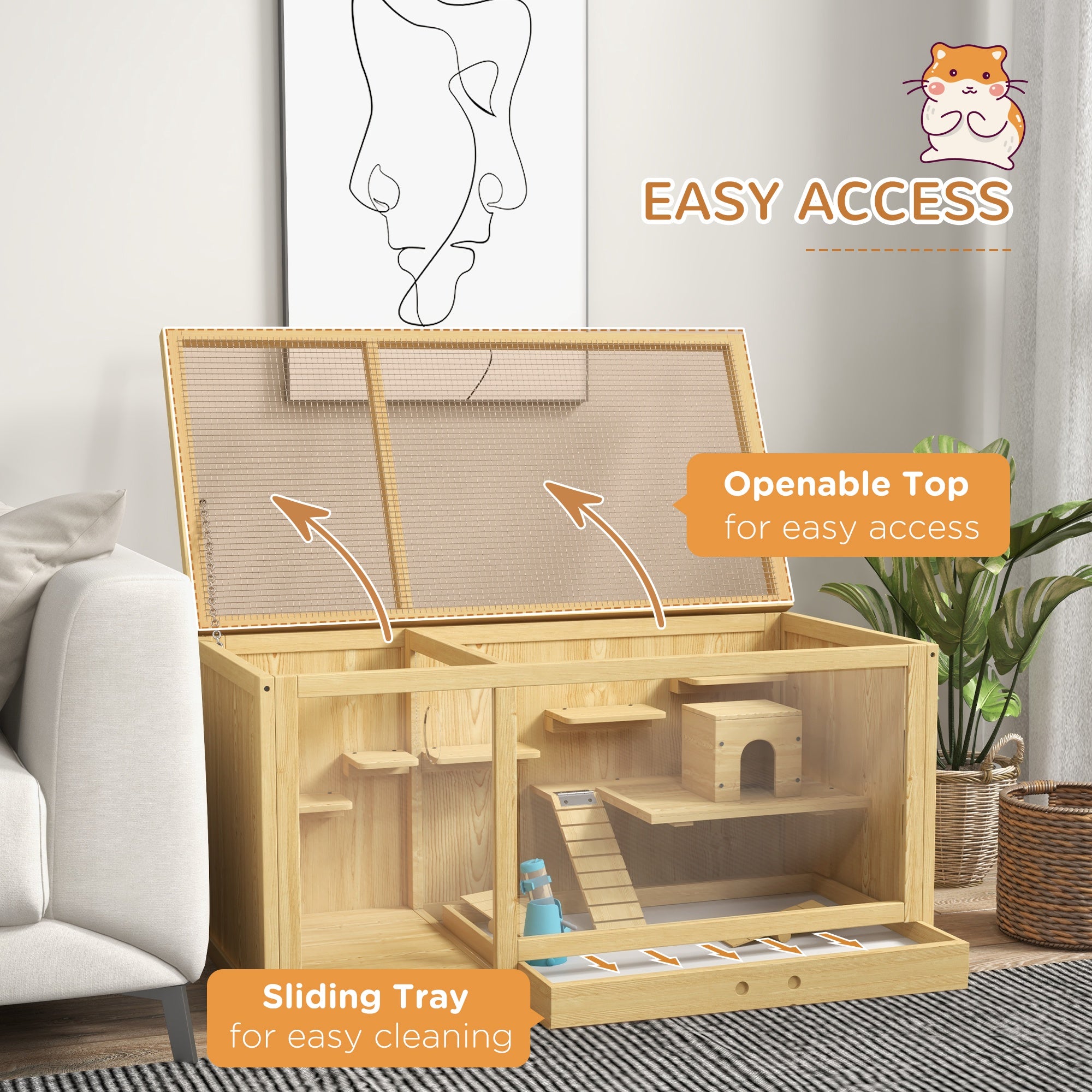 Extra Large Wooden Hamster Cage with Pull-out Tray, Seesaws, Ladder - Natural wood finish - Image 5