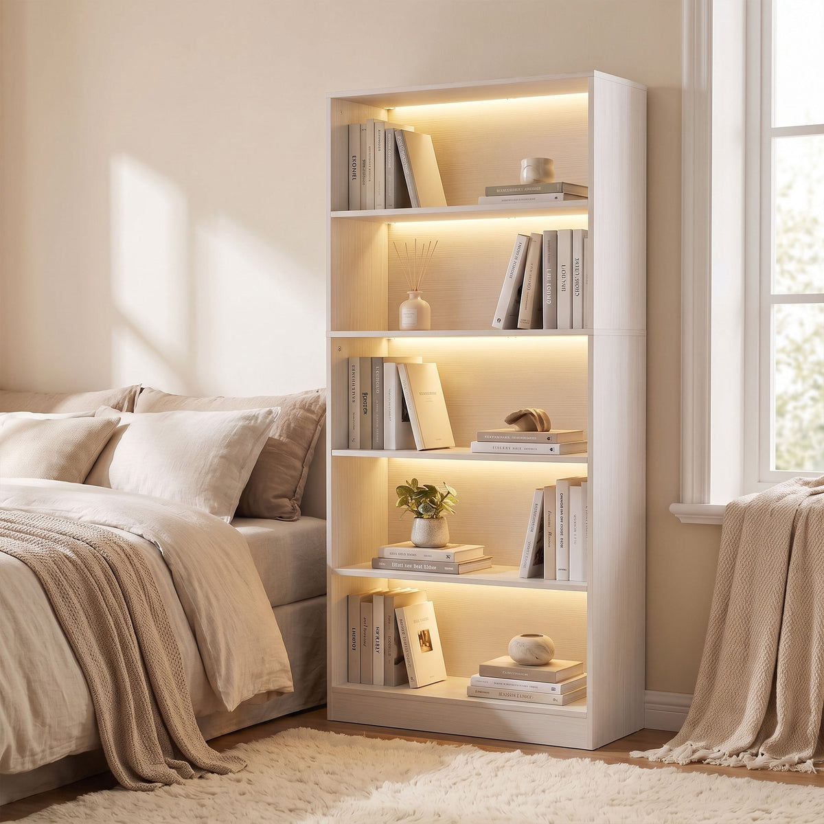 Bookshelf with LED Lights, 5-Tier Bookcase, Cable Holes, for Living Room, Study, White Wood Grain