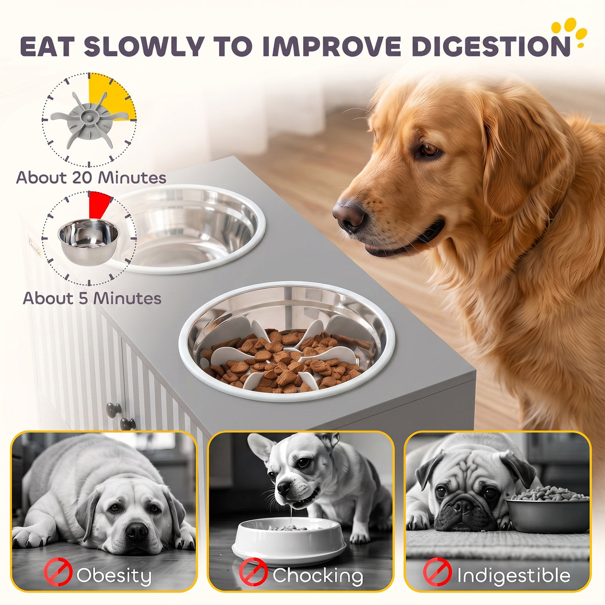 Elevated Dog Bowls with Storage Cabinet, 2 Stainless Steel Bowls, Slow Feeder, Dog Feeding Station for Large Dogs, Gray