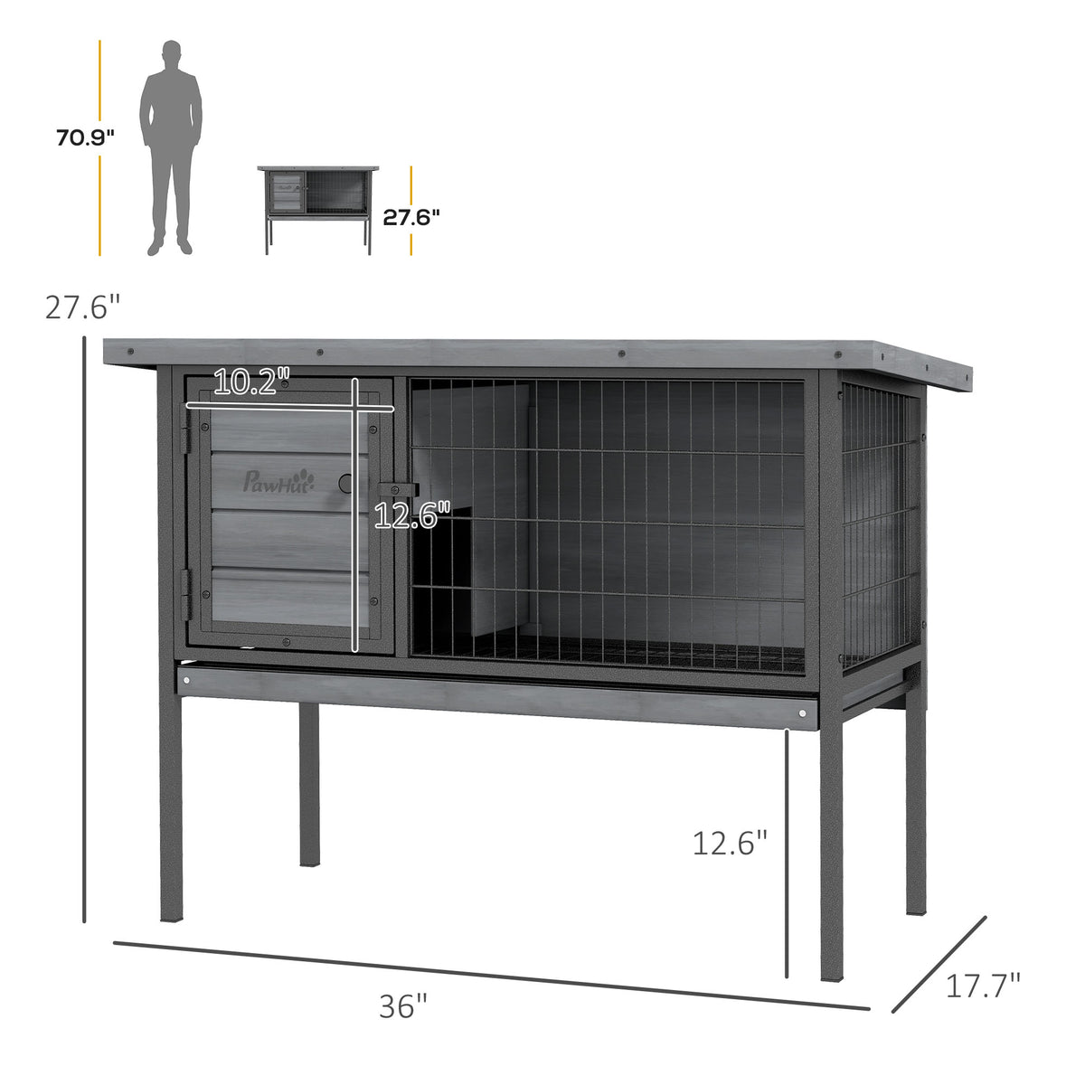 Wooden Rabbit Hutch Elevated with No Leak Tray, Openable Roof for Indoor/Outdoor, Gray