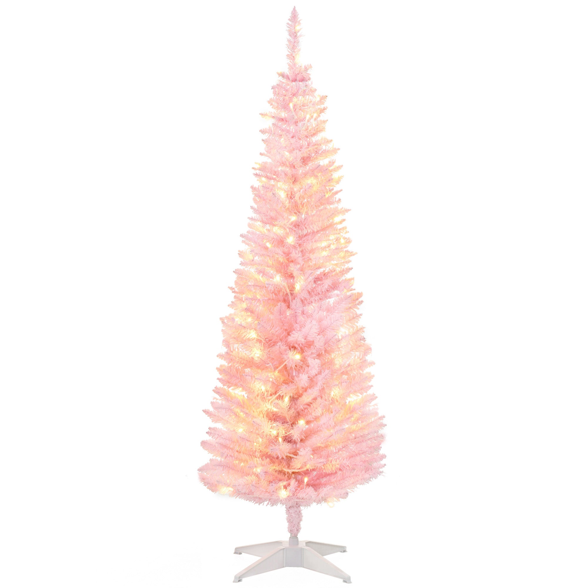 5ft Pencil Christmas Tree, Slim Artificial Christmas Tree with Realistic Branches and Warm White LED Lights, Pink